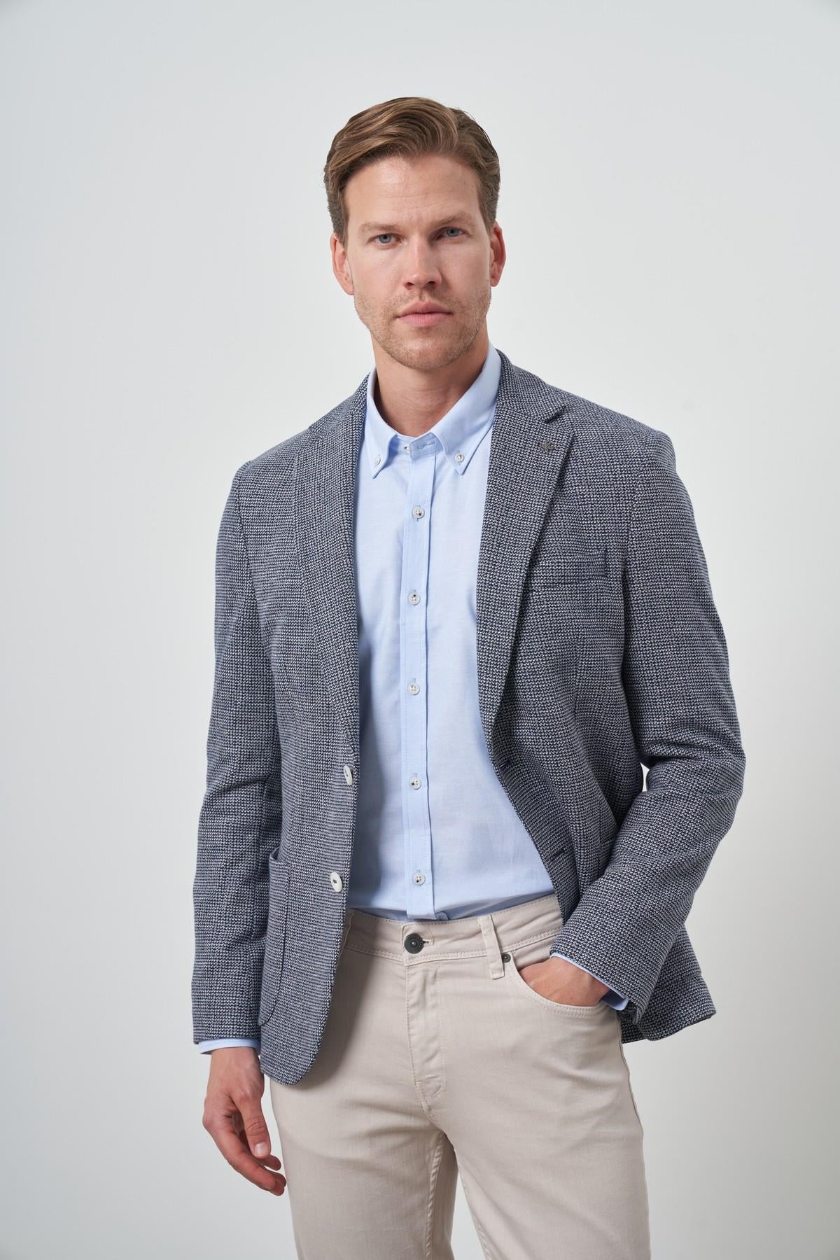 Morven Erkek Lacivert Örme Slim Fit Mono Yaka Ceket