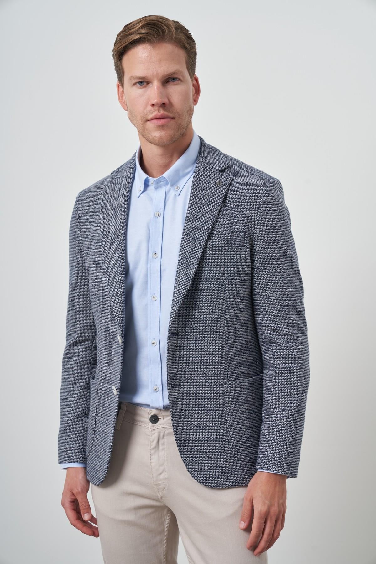 Morven Erkek Lacivert Örme Slim Fit Mono Yaka Ceket