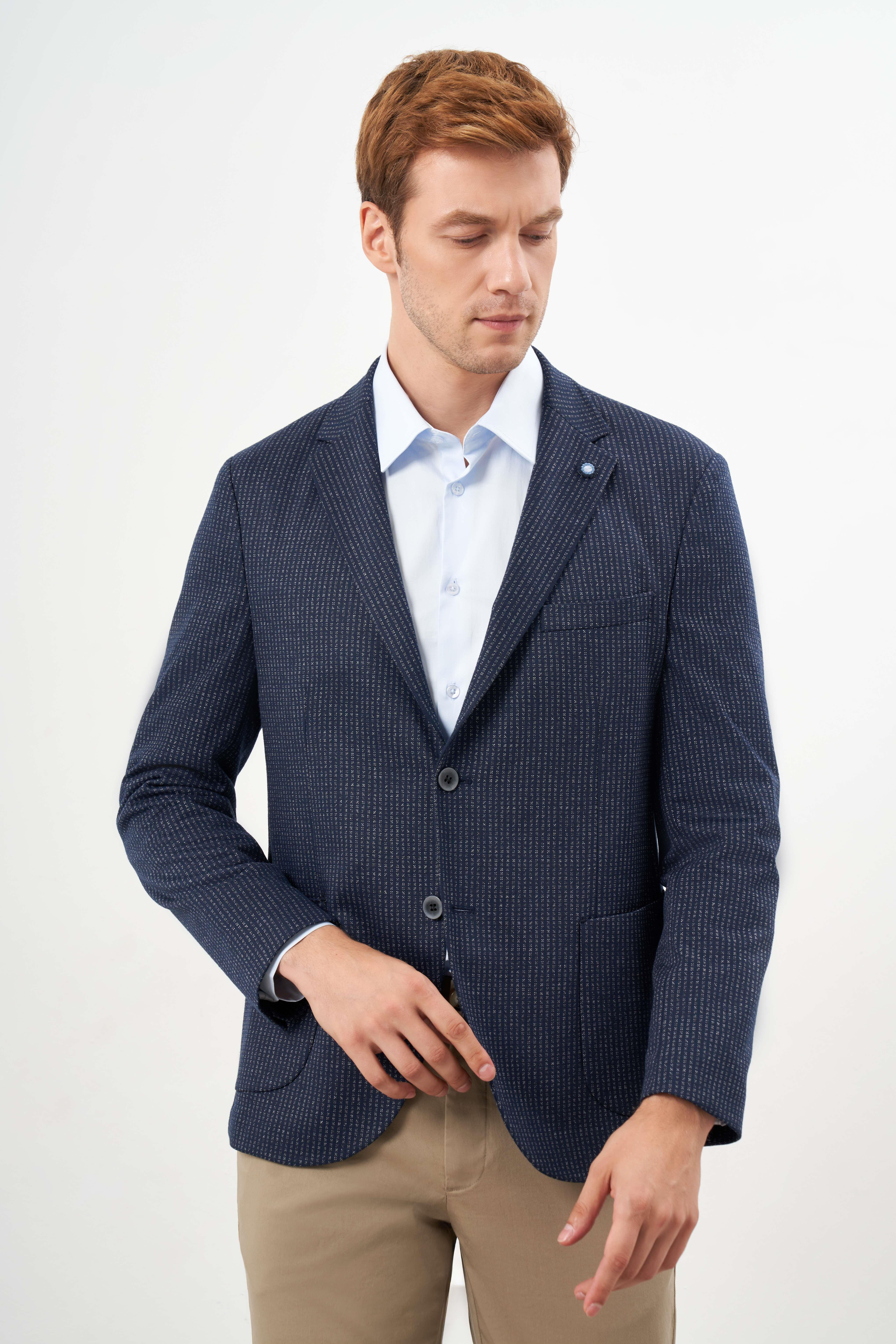 Morven Erkek Lacivert Örme Slim Fit Torba Cep Mono Yaka Spor Ceket