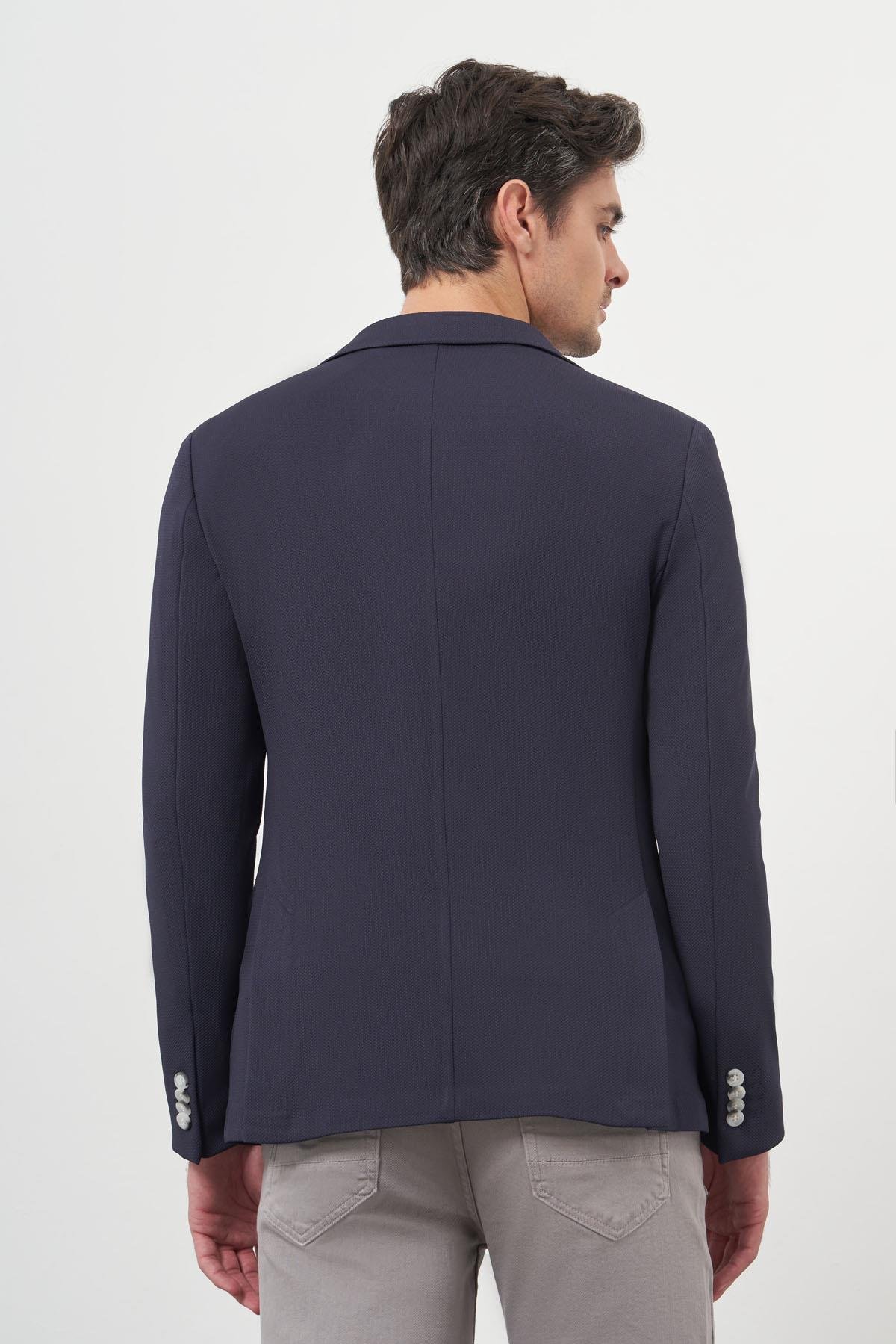 Morven Erkek Lacivert Örme Slim Fit Torba Cep Mono Yaka Spor Ceket