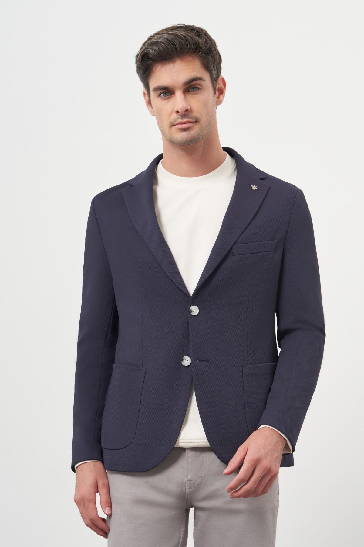 Morven Erkek Lacivert Örme Slim Fit Torba Cep Mono Yaka Spor Ceket