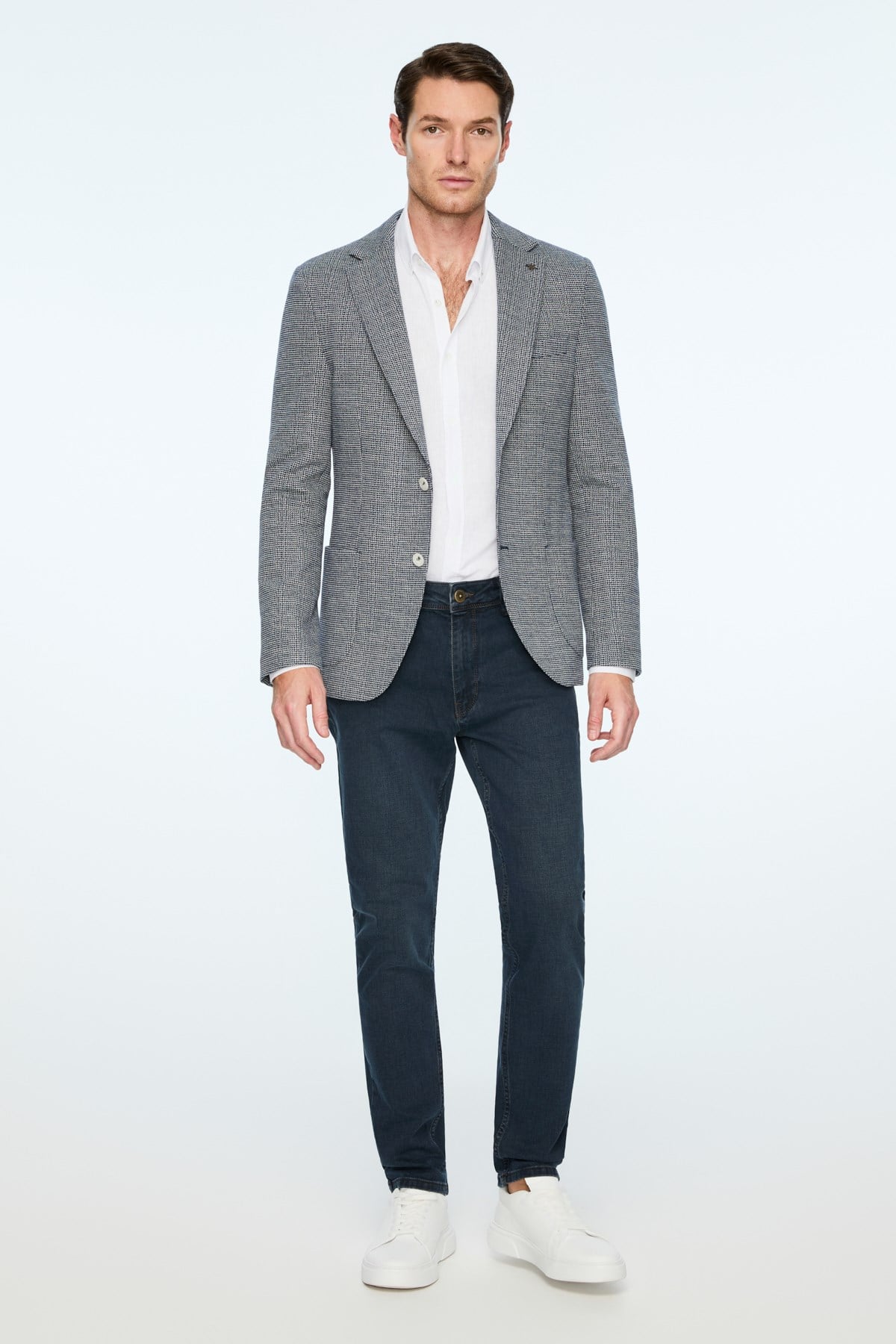 Morven Erkek Lacivert Örme Trend Desenli Slim Fit Mono Yaka Ceket