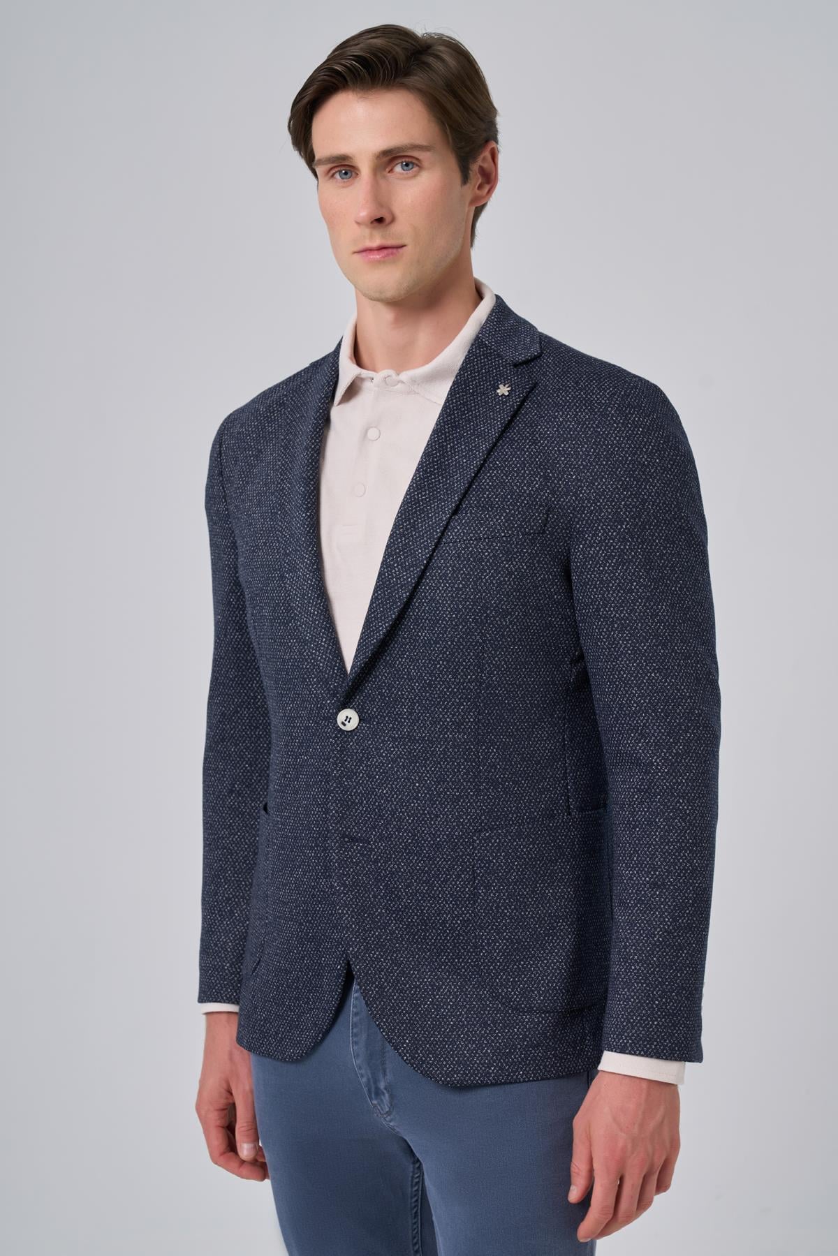 Morven Erkek Lacivert Örme Trend Desenli Slim Fit Mono Yaka Ceket