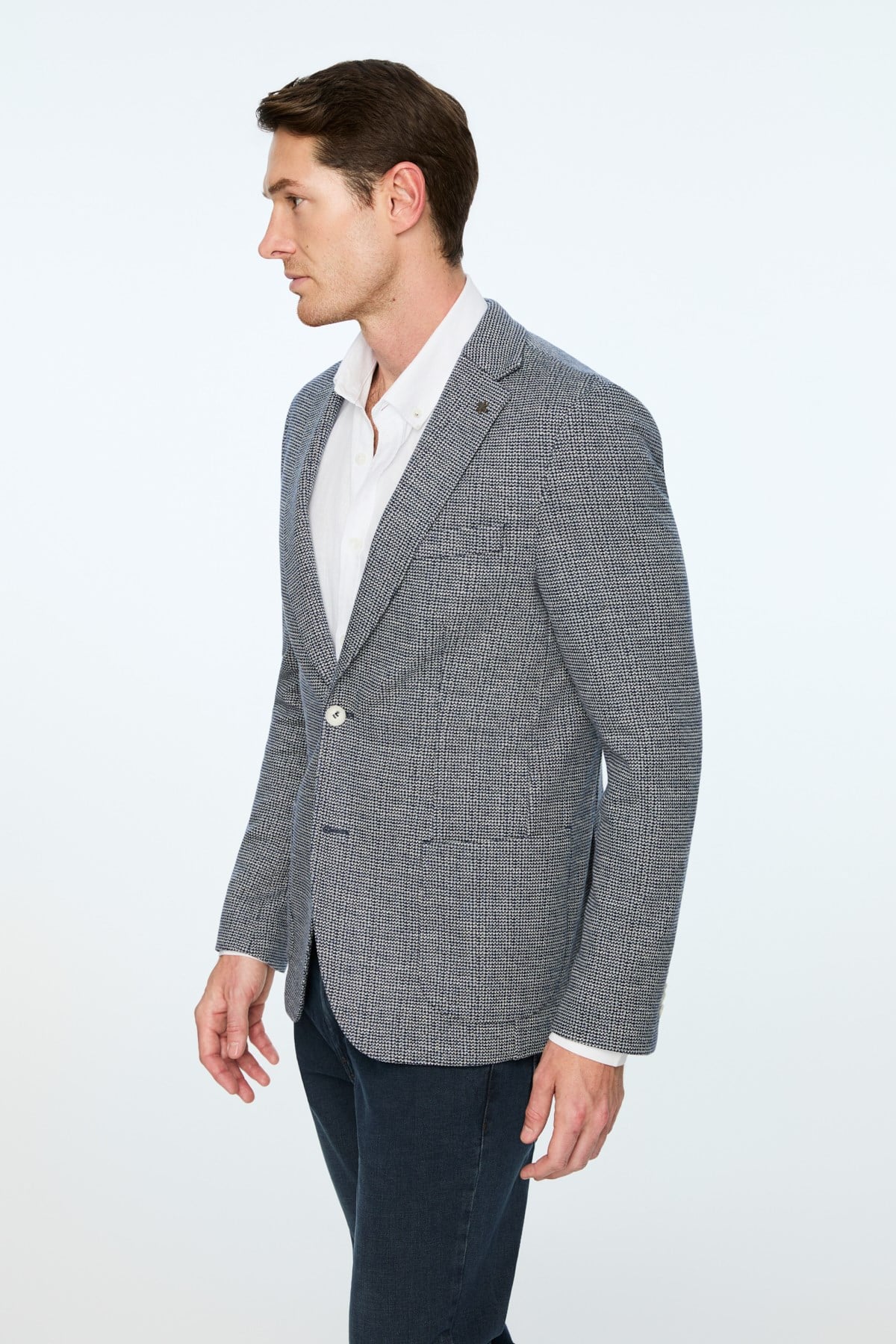 Morven Erkek Lacivert Örme Trend Desenli Slim Fit Mono Yaka Ceket
