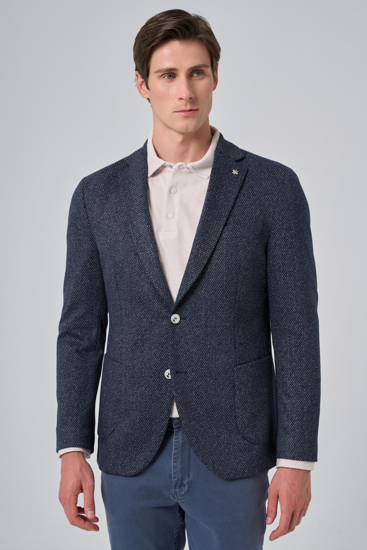 Morven Erkek Lacivert Örme Trend Desenli Slim Fit Mono Yaka Ceket