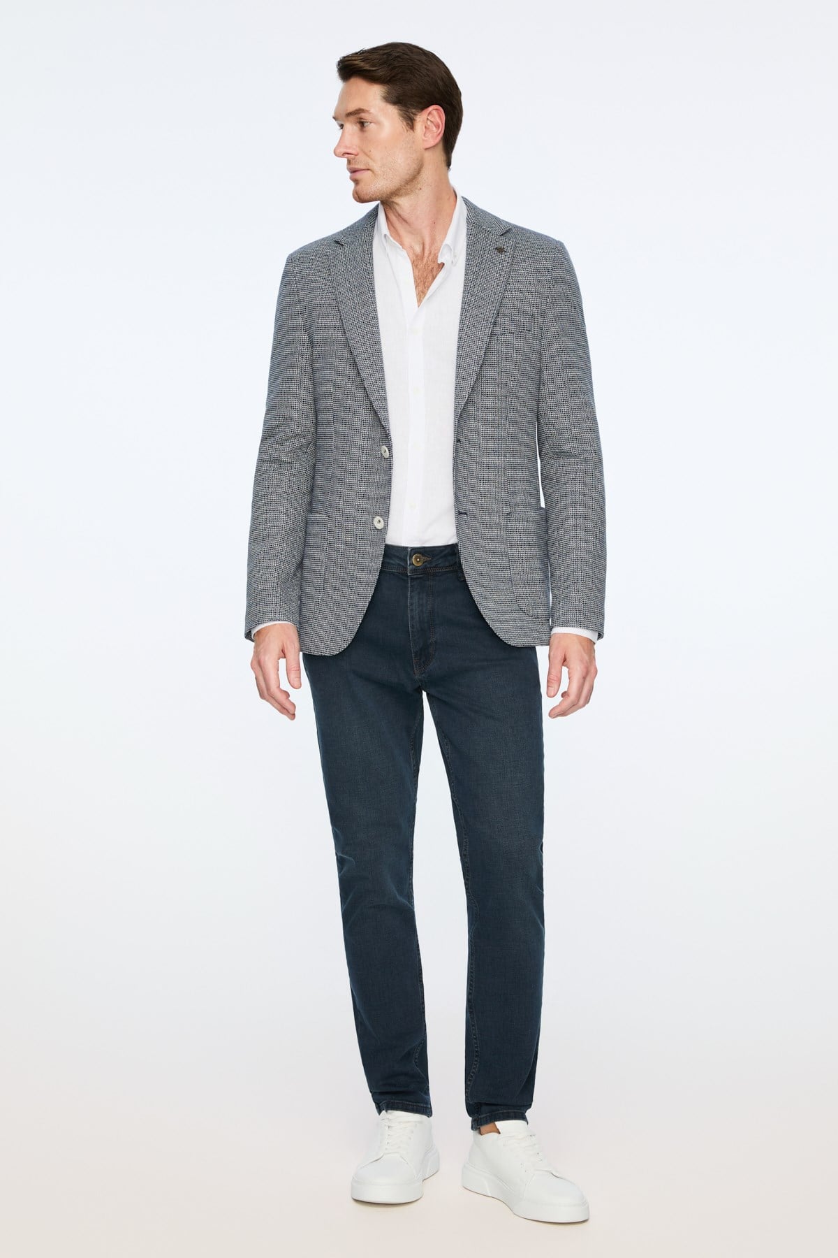 Morven Erkek Lacivert Örme Trend Desenli Slim Fit Mono Yaka Ceket