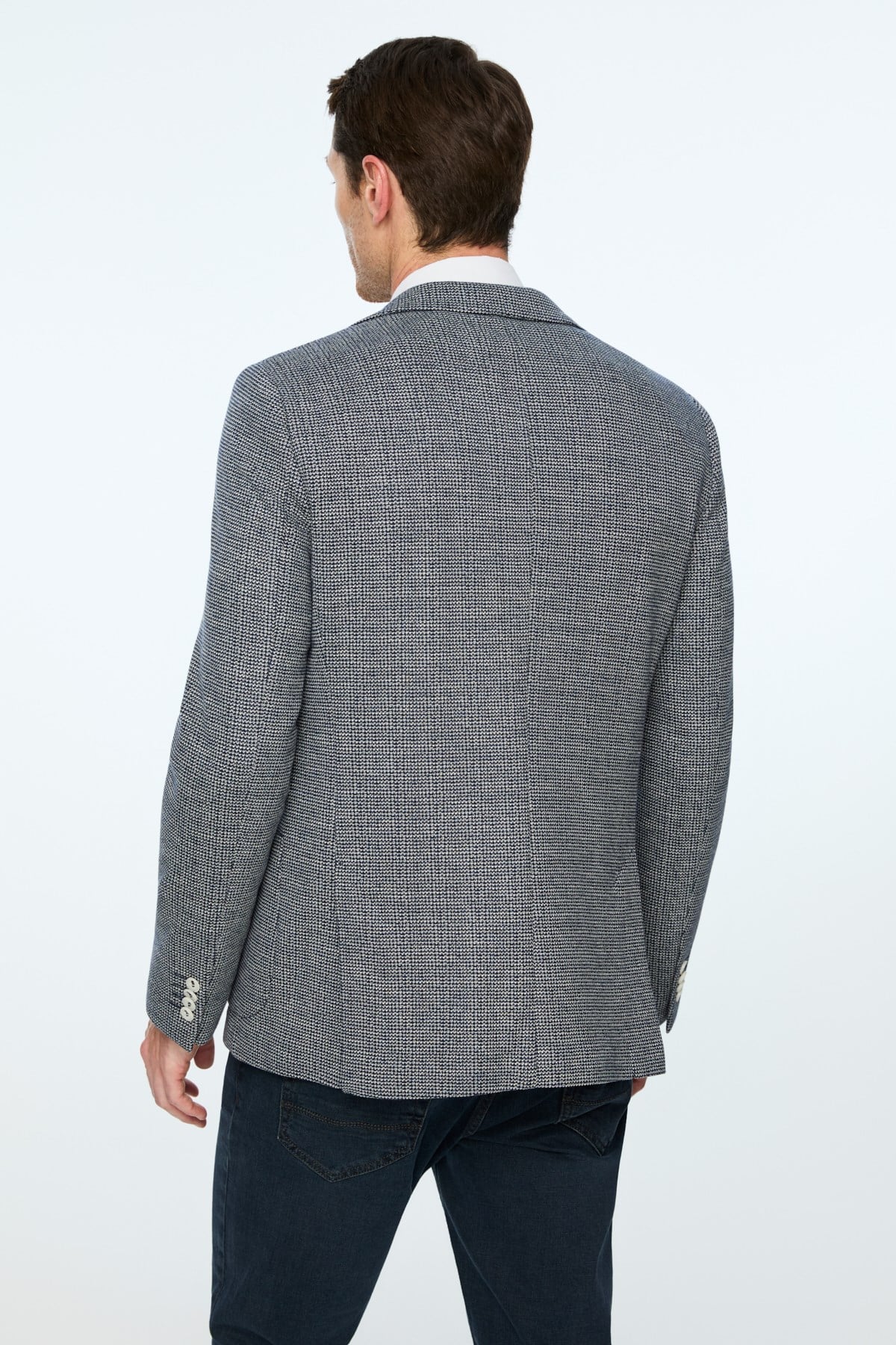 Morven Erkek Lacivert Örme Trend Desenli Slim Fit Mono Yaka Ceket