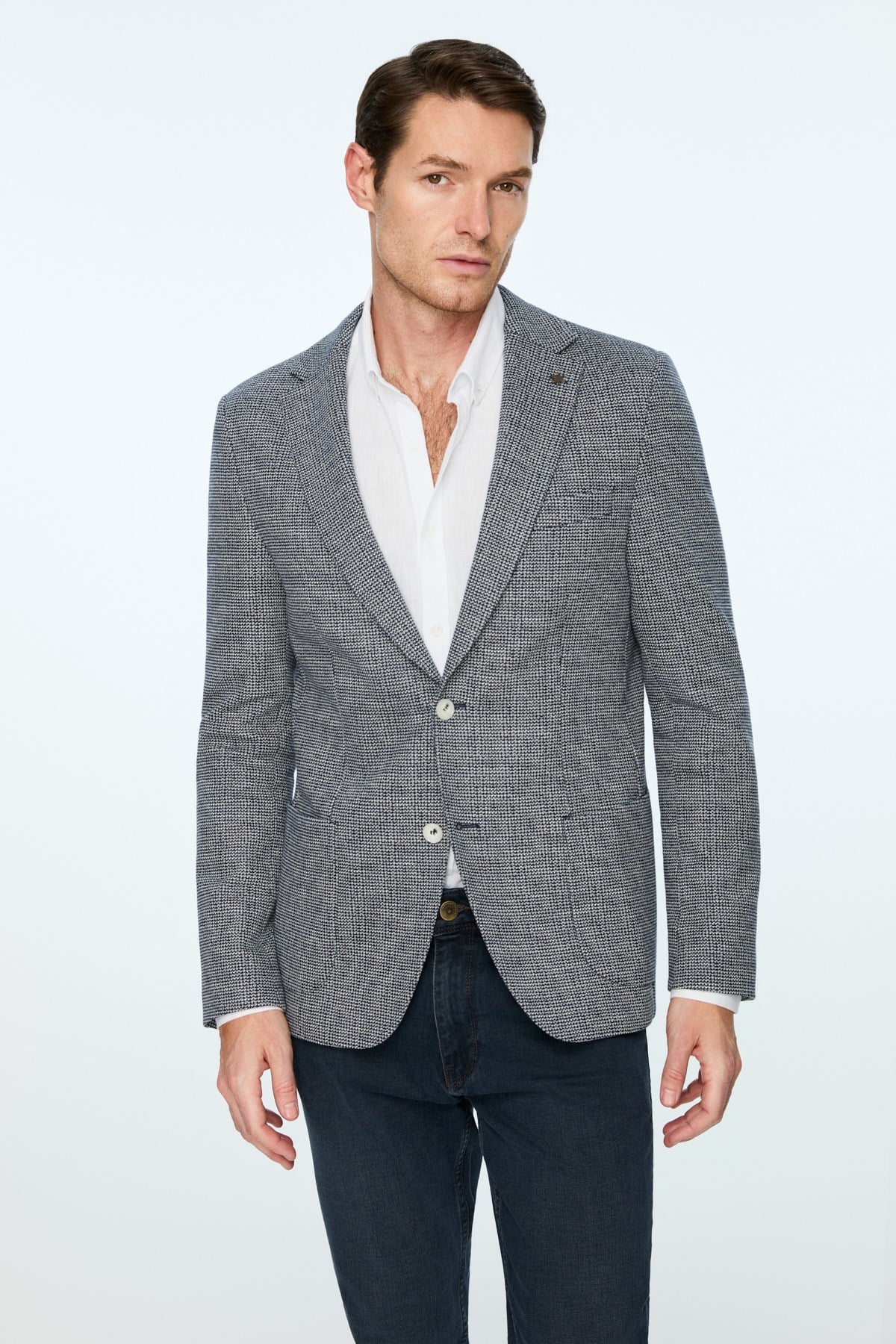Morven Erkek Lacivert Örme Trend Desenli Slim Fit Mono Yaka Ceket
