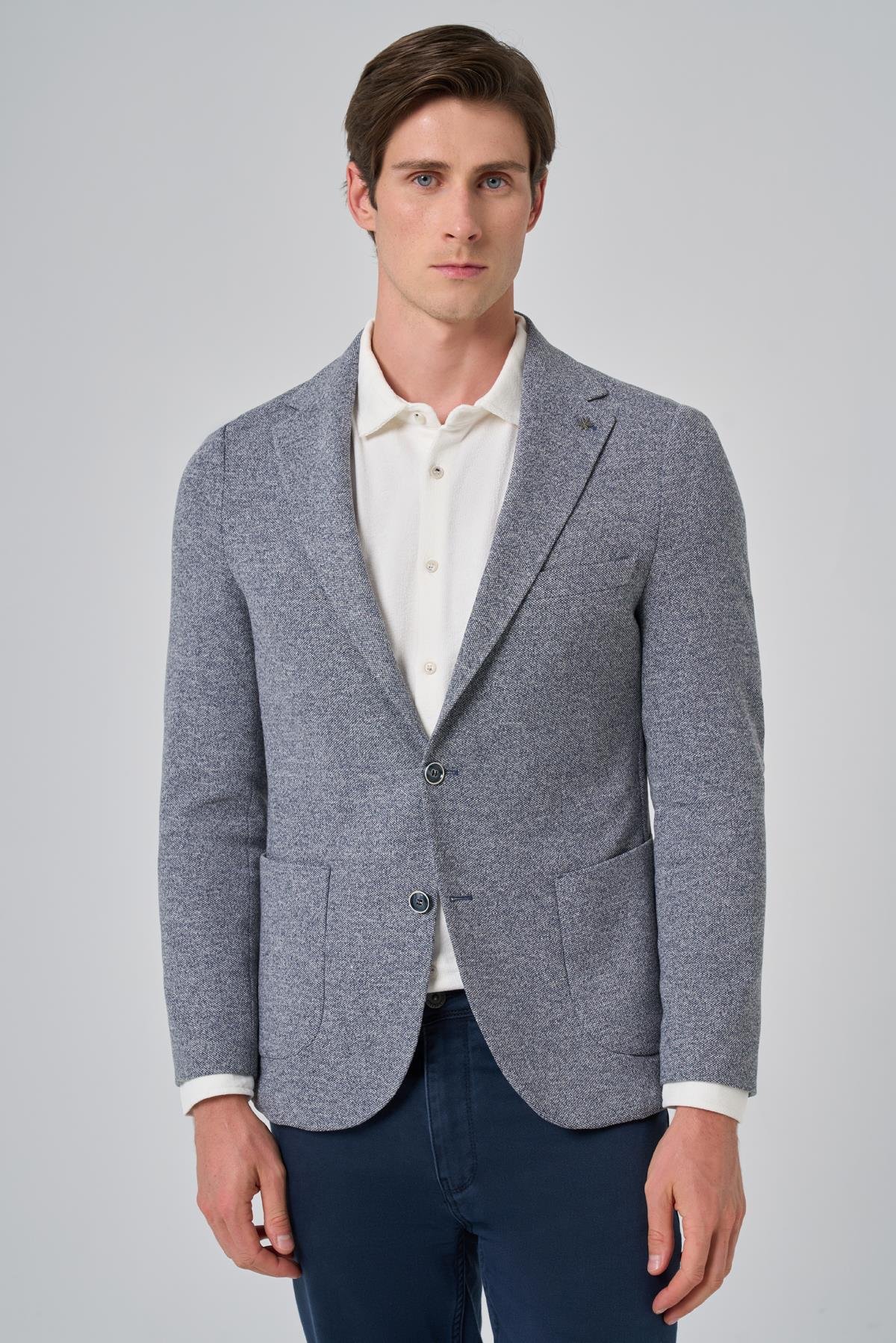 Morven Erkek Lacivert Örme Trend Desenli Slim Fit Mono Yaka Ceket