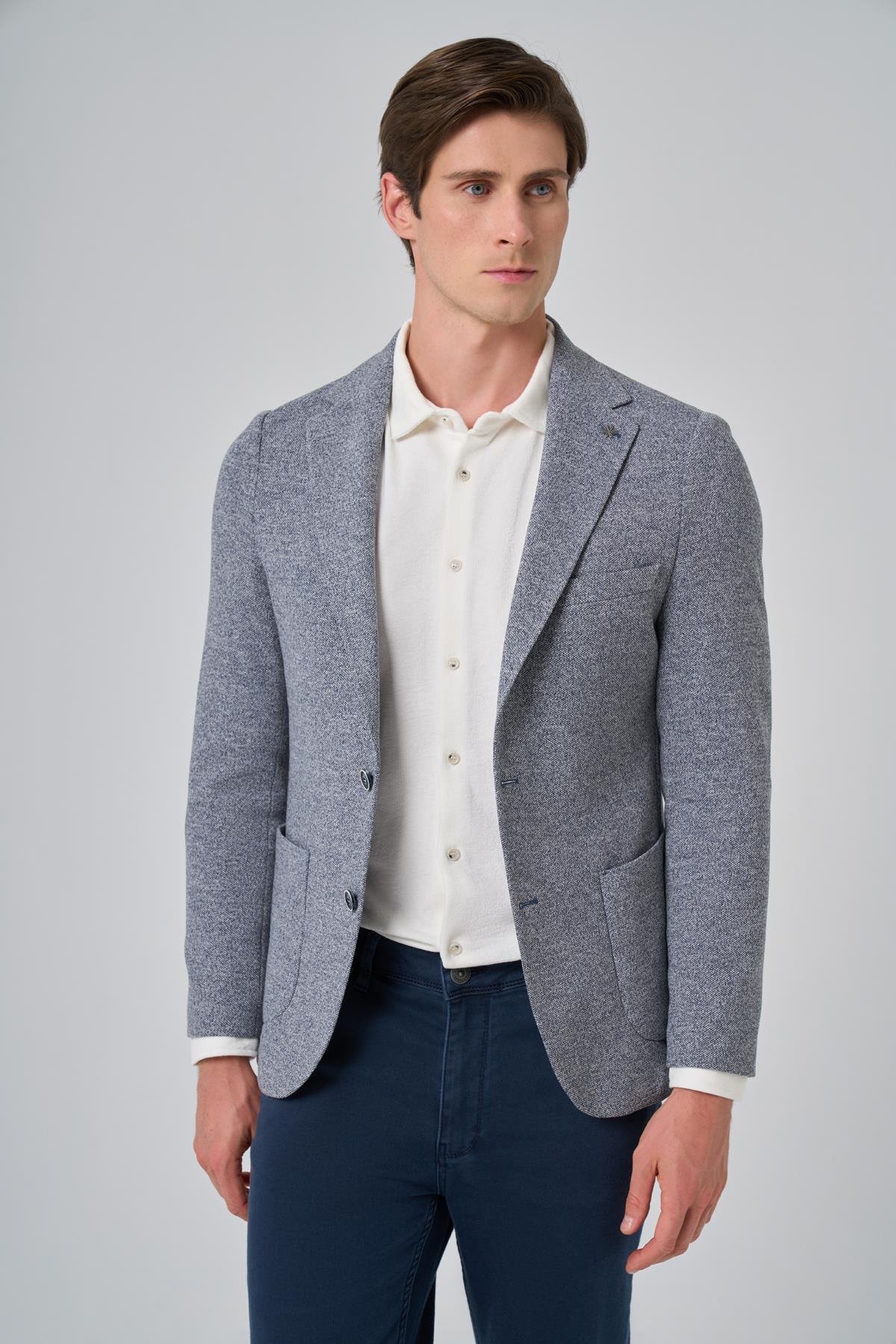 Morven Erkek Lacivert Örme Trend Desenli Slim Fit Mono Yaka Ceket