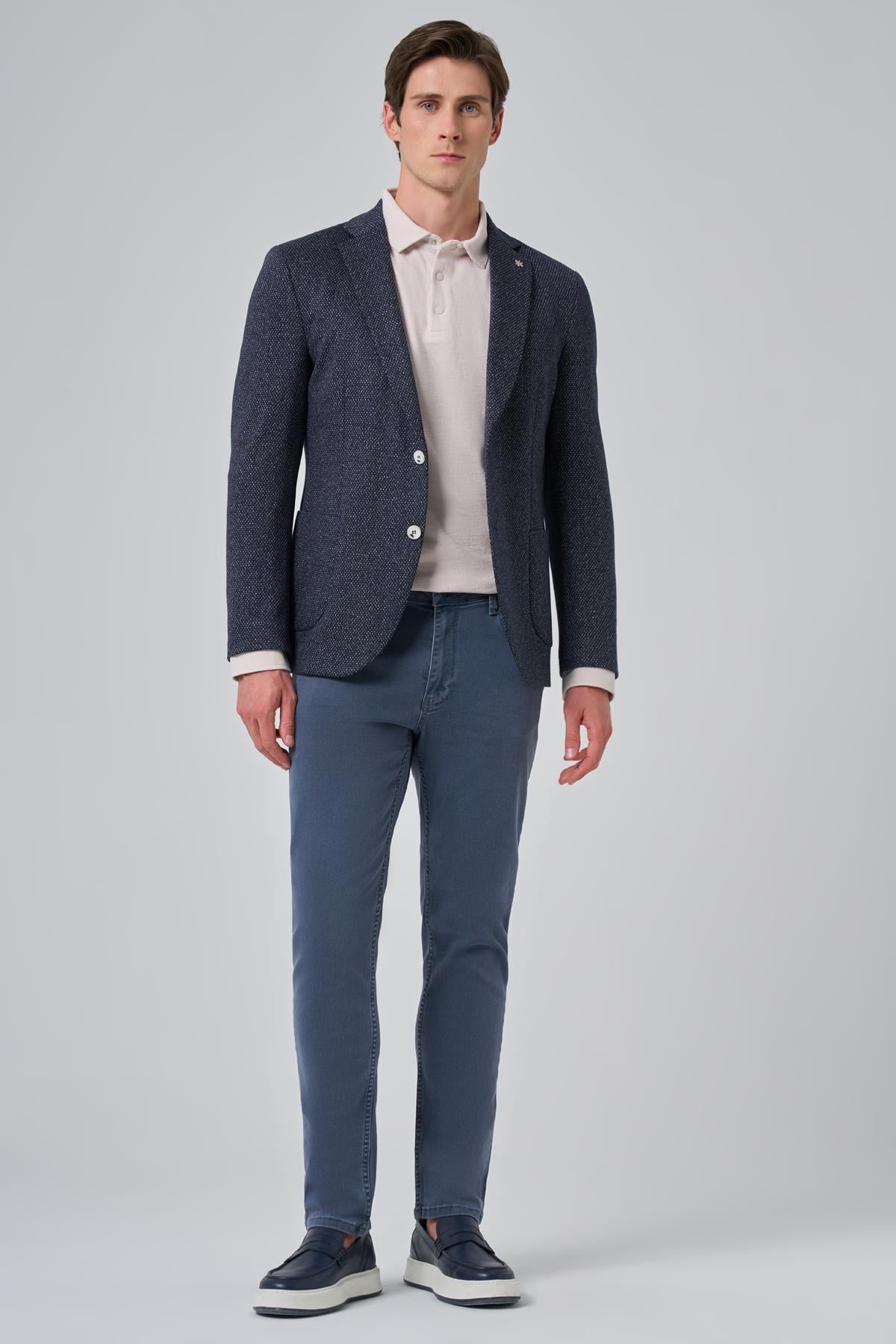 Morven Erkek Lacivert Örme Trend Desenli Slim Fit Mono Yaka Ceket