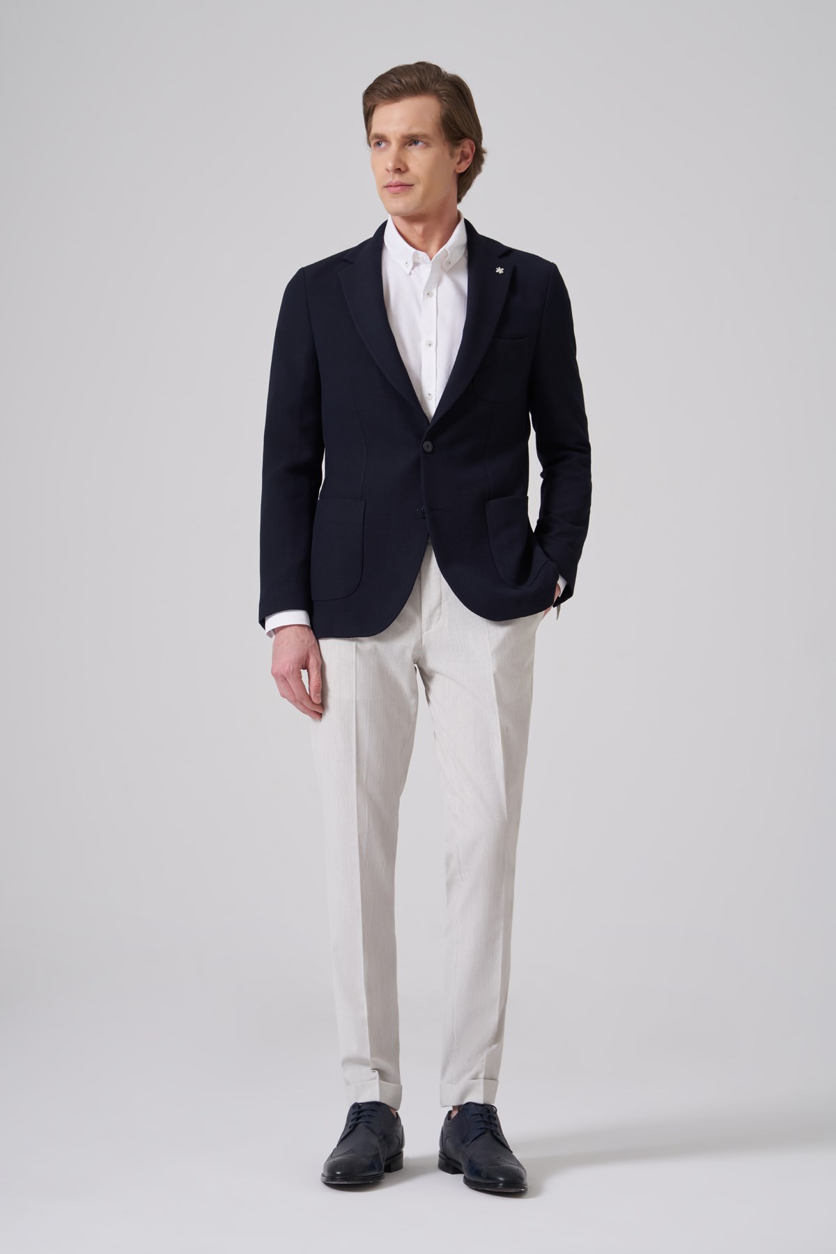 Morven Erkek Lacivert Örme Trend Slim Fit Mono Yaka Ceket