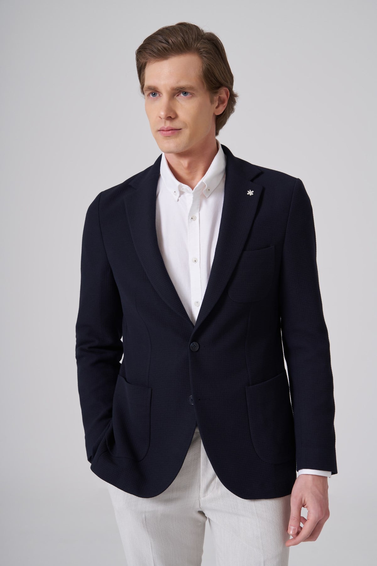 Morven Erkek Lacivert Örme Trend Slim Fit Mono Yaka Ceket