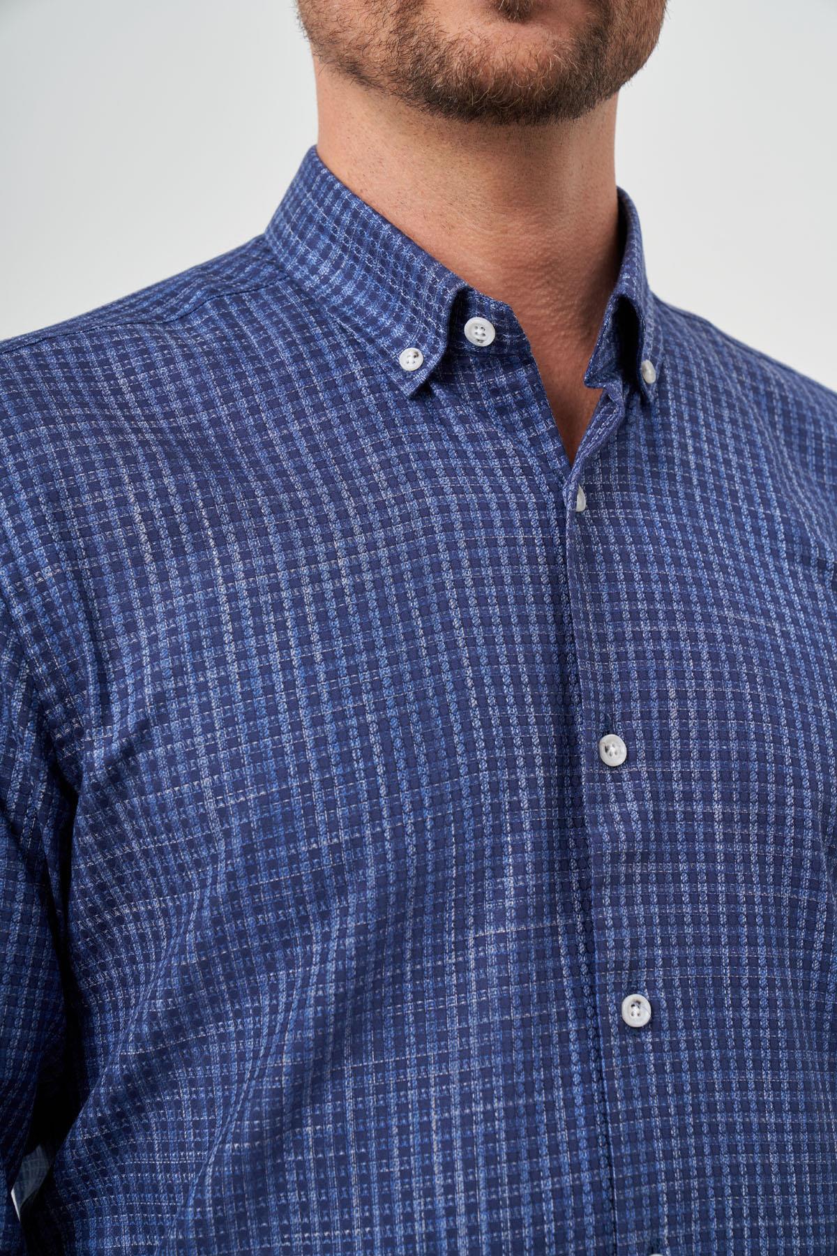 Morven Erkek Lacivert Pamuk Baskılı Desenli Düğmeli Yaka Slim Fit Gömlek