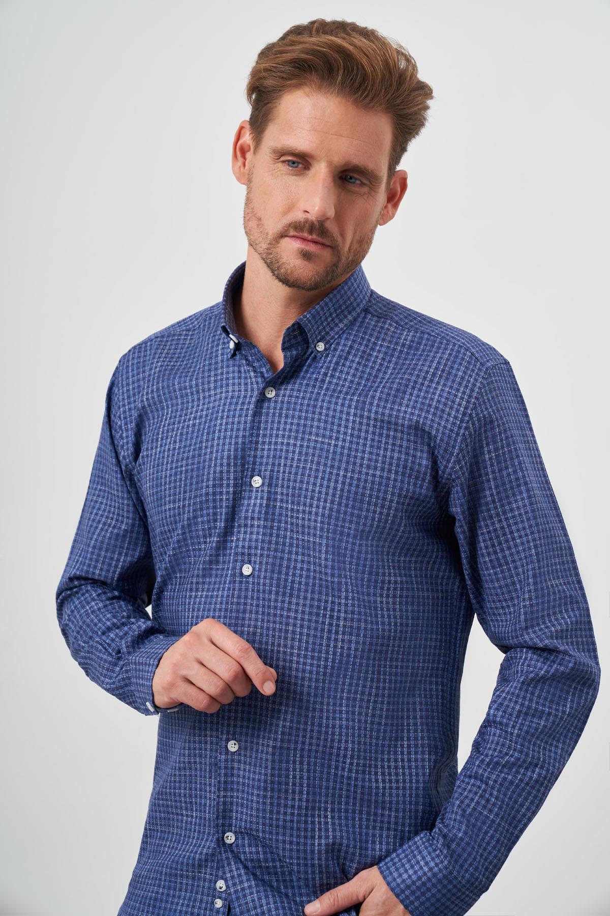 Morven Erkek Lacivert Pamuk Baskılı Desenli Düğmeli Yaka Slim Fit Gömlek