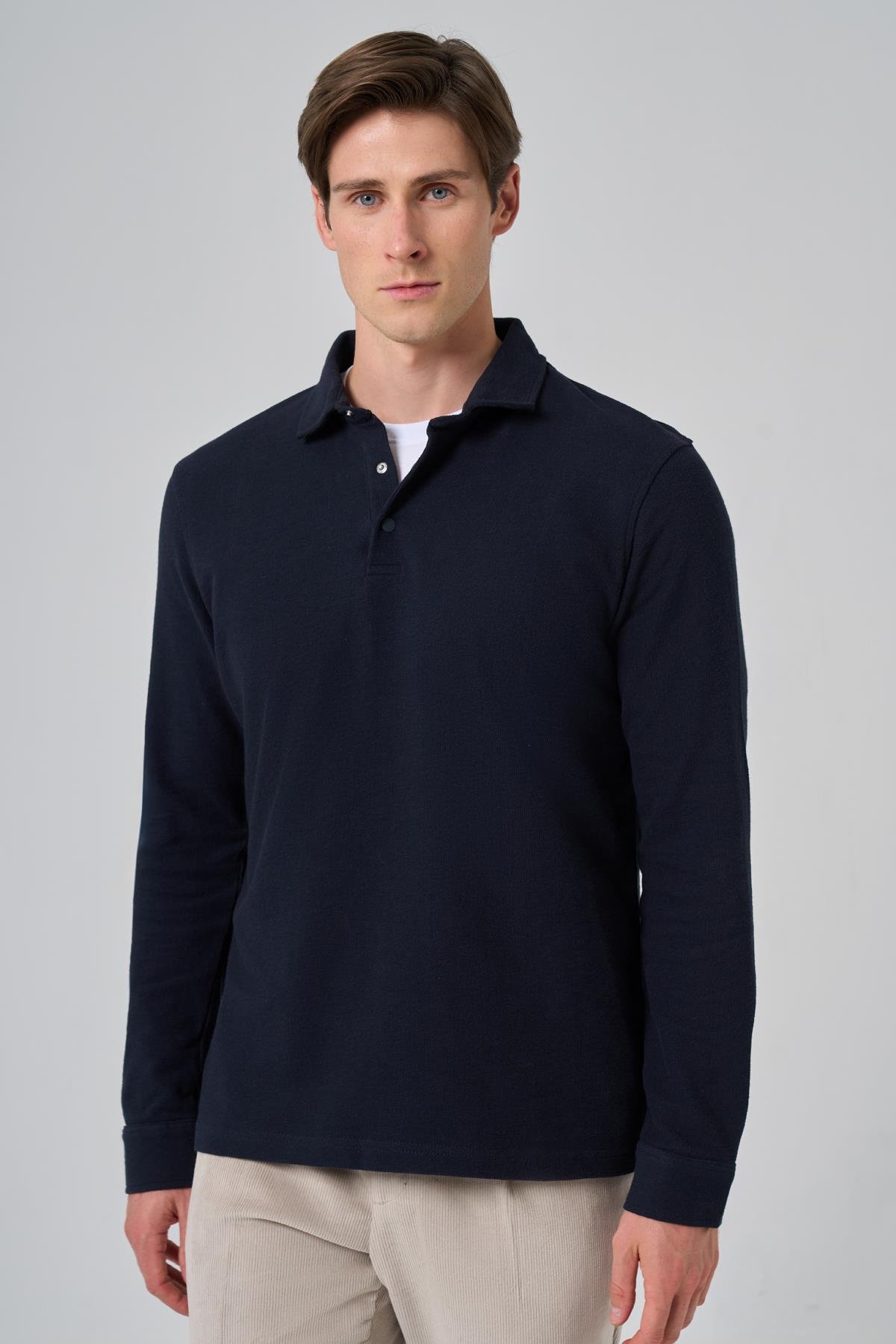 Morven Erkek Lacivert Pamuk Trend Ağaç Kabuğu Desen Dinamik Fit Polo Yaka Sweat-Shirt