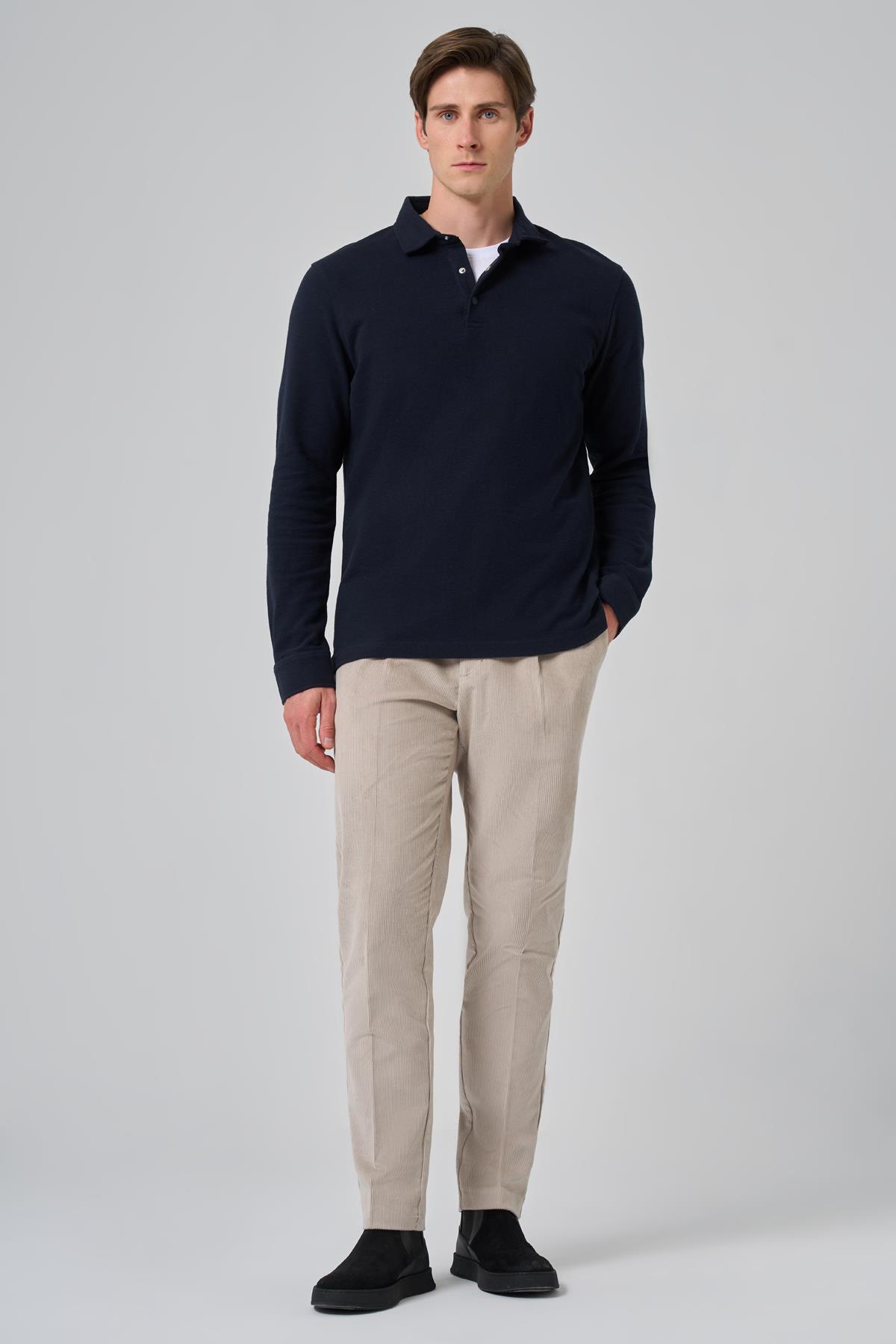 Morven Erkek Lacivert Pamuk Trend Ağaç Kabuğu Desen Dinamik Fit Polo Yaka Sweat-Shirt