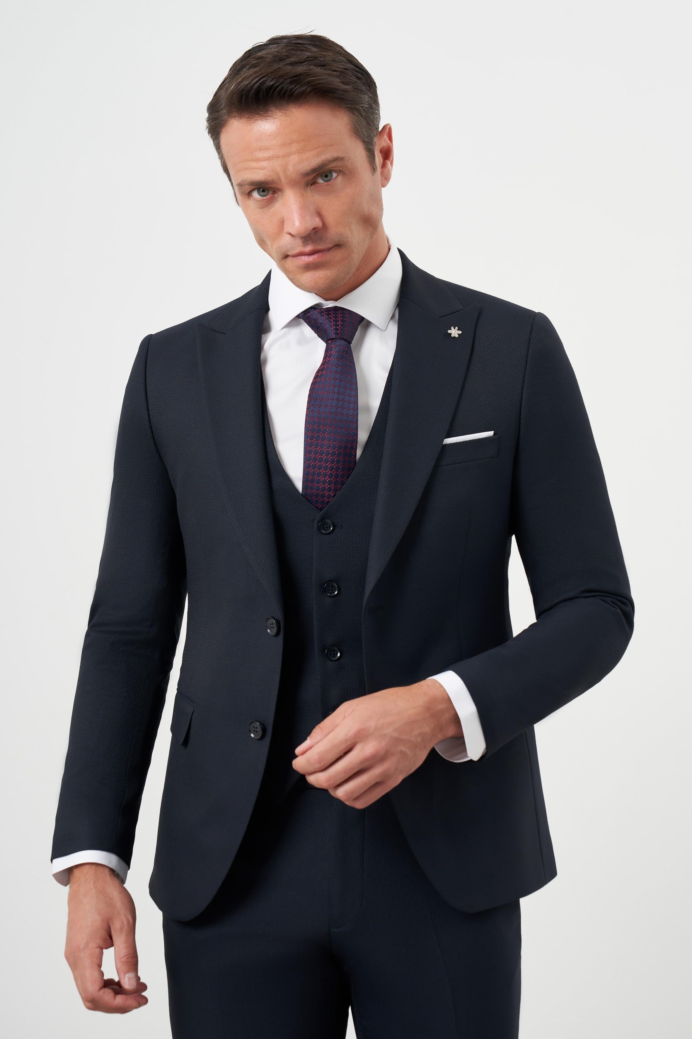 Morven Erkek Lacivert Poliviskon Basic Yelekli Jakar Desen Slim Fit Sivri Yaka Takım Elbise