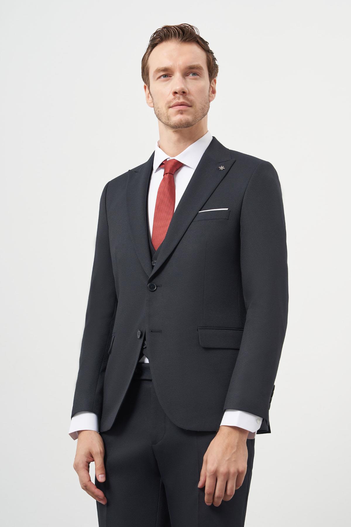 Morven Erkek Lacivert Poliviskon Basic Yelekli Jakar Desen Slim Fit Sivri Yaka Takım Elbise