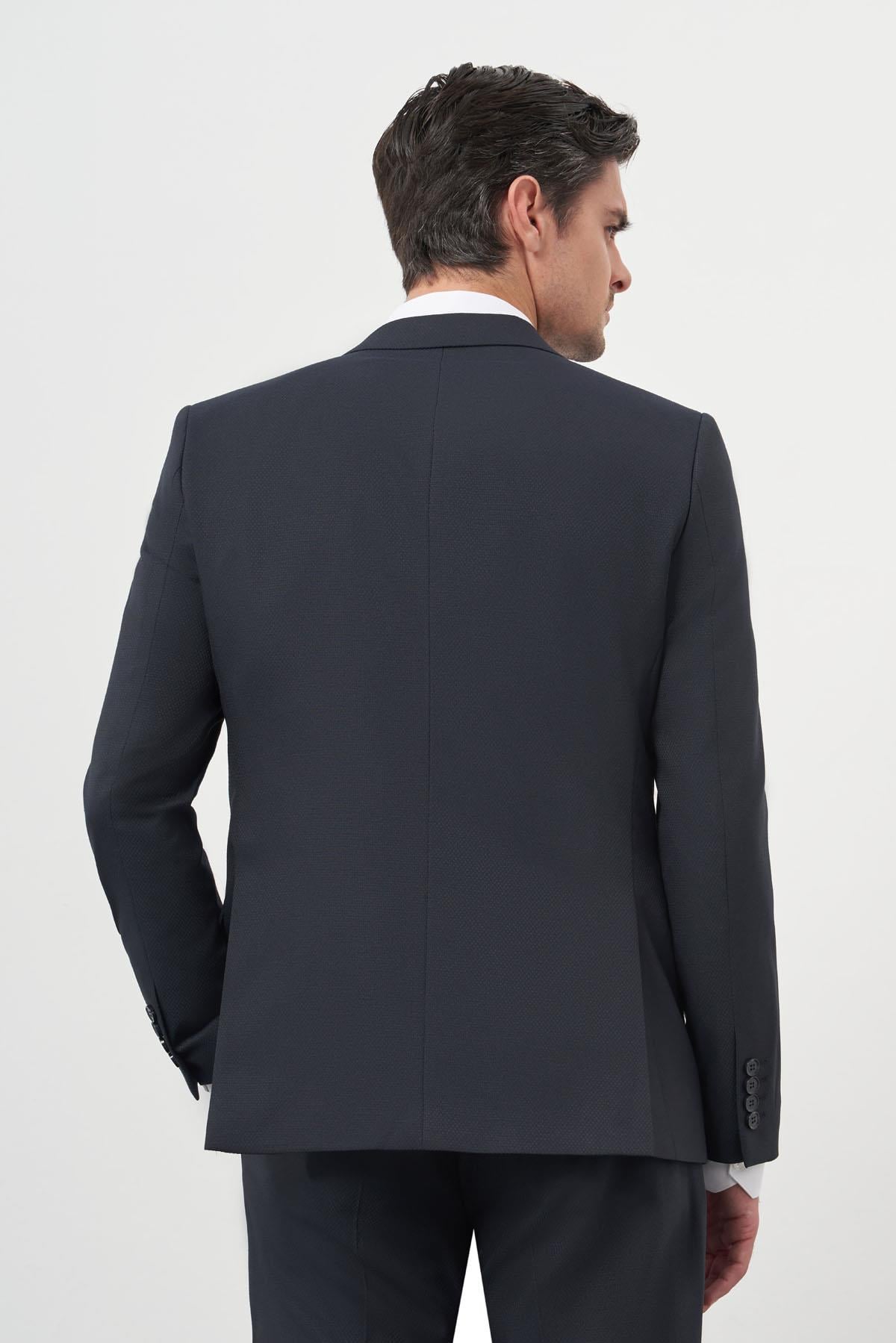 Morven Erkek Lacivert Poliviskon Basic Jakar Desen Slim Fit Sivri Yaka Takım Elbise