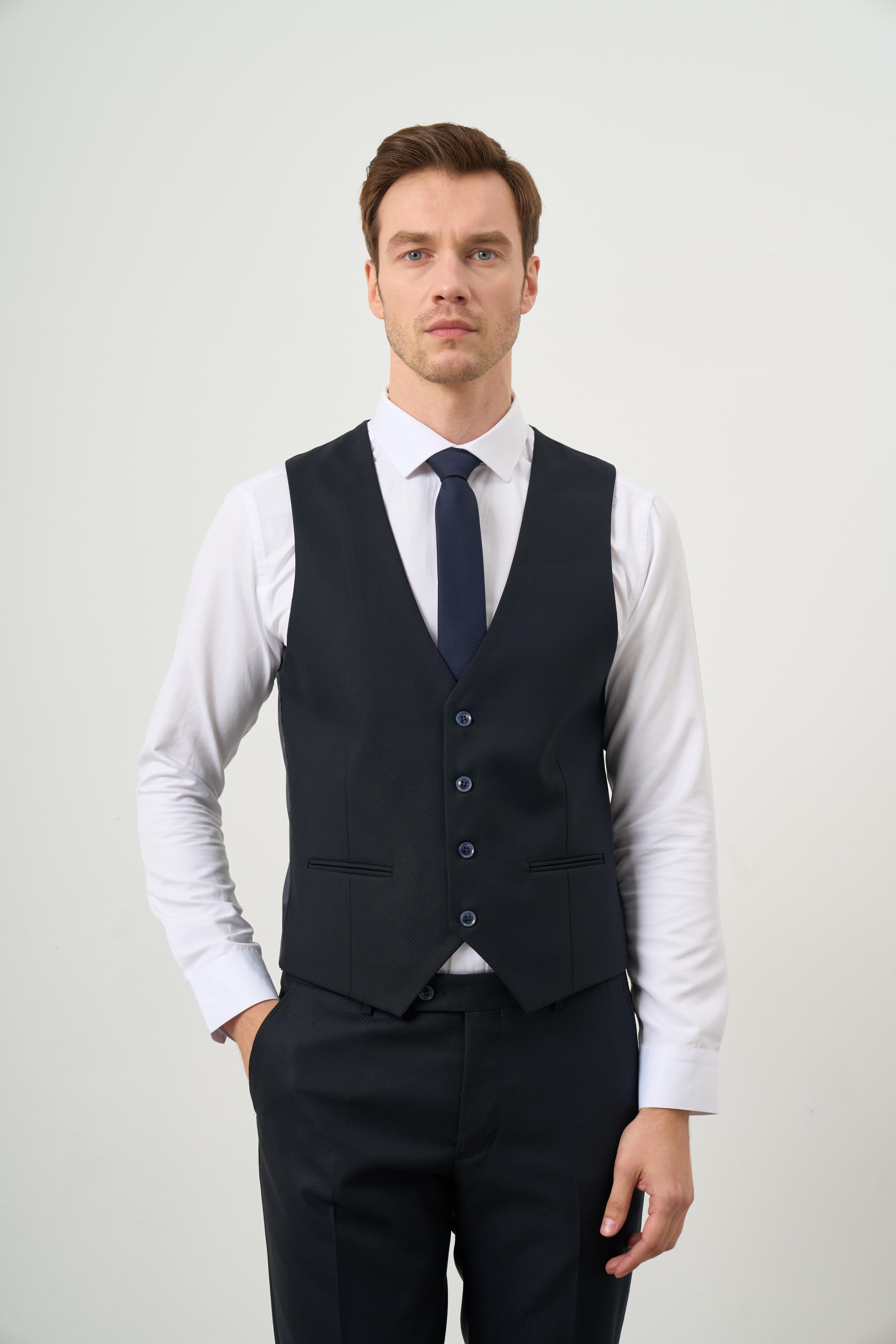 Morven Erkek Lacivert Poliviskon Basic Yelekli Jakar Desen Slim Fit Sivri Yaka Takım Elbise