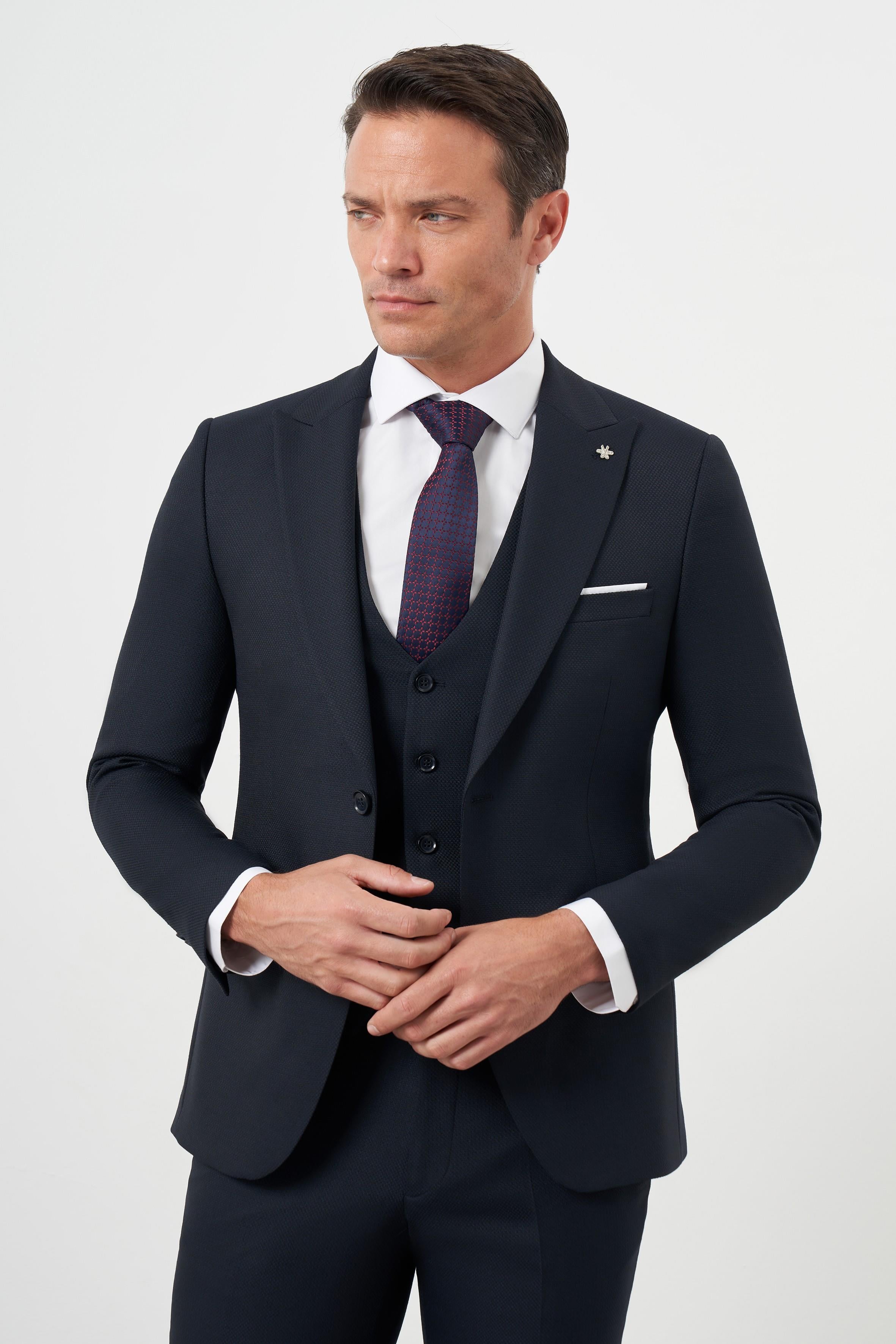 Morven Erkek Lacivert Poliviskon Basic Yelekli Jakar Desen Slim Fit Sivri Yaka Takım Elbise