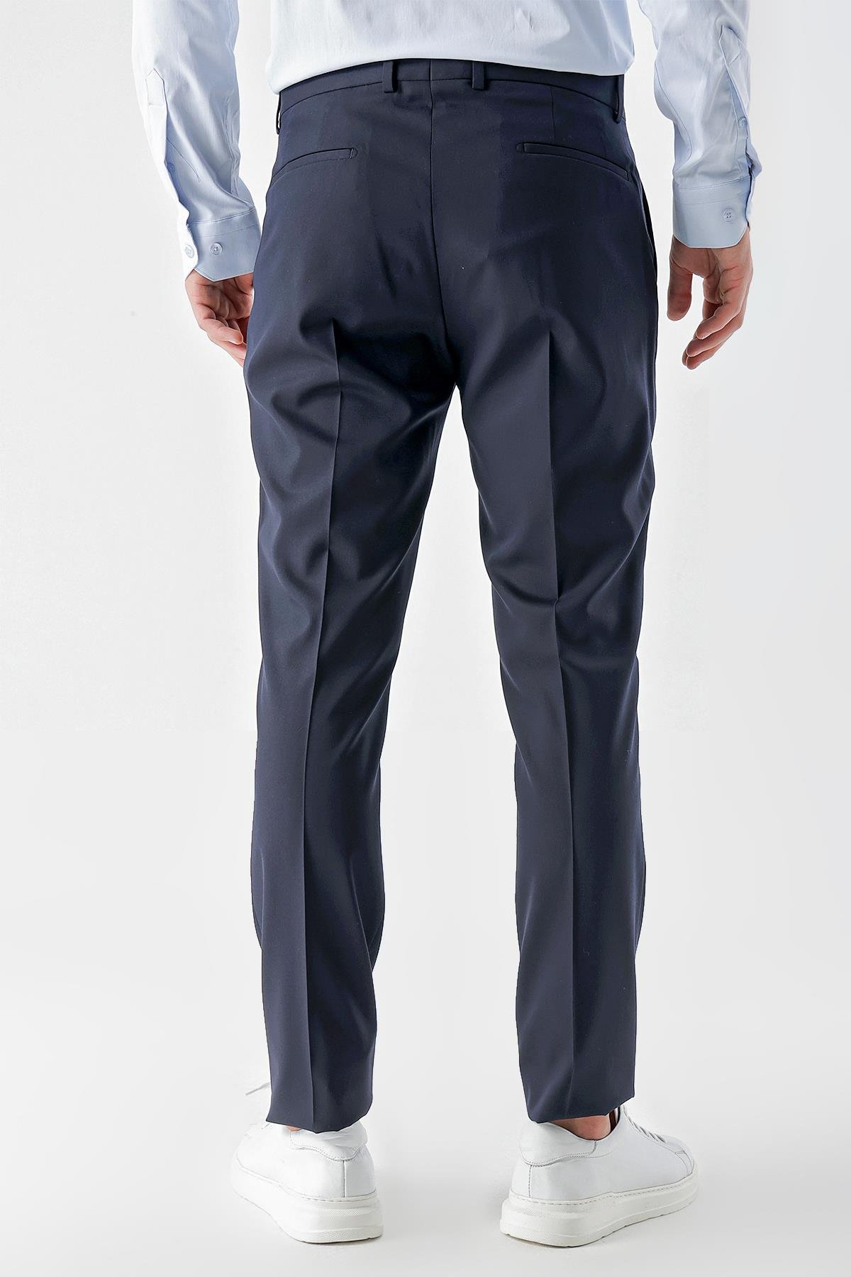 Morven Erkek Lacivert Poliviskon Basic Düz Desen Slim Fit Classic Pantolon