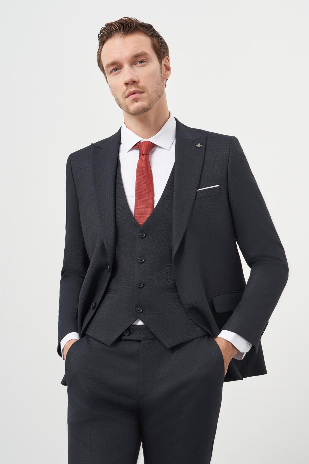 Morven Erkek Lacivert Poliviskon Basic Yelekli Jakar Desen Slim Fit Sivri Yaka Takım Elbise