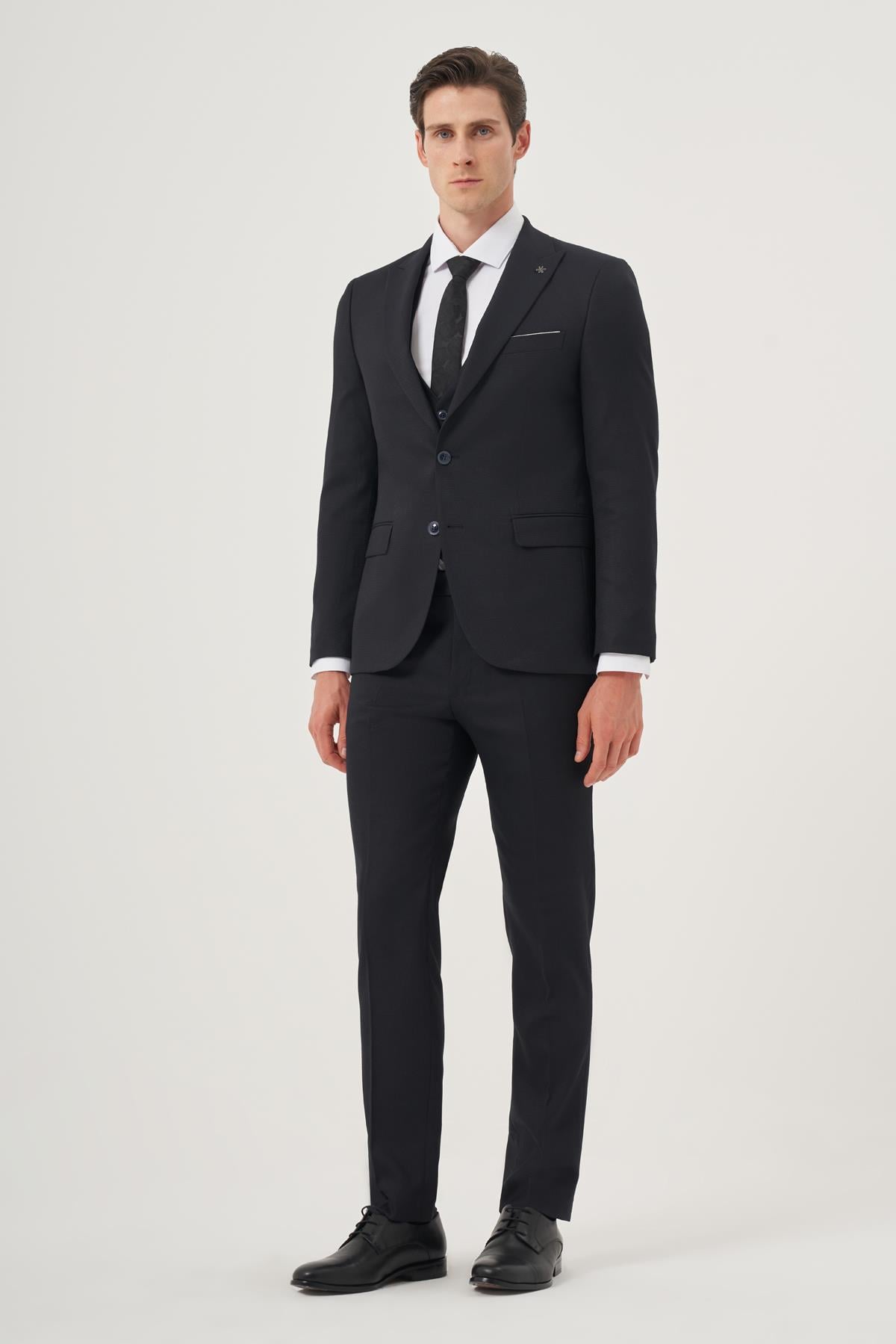 Morven Erkek Lacivert Poliviskon Basic Yelekli Jakarlı Slim Fit Sivri Yaka Takım Elbse