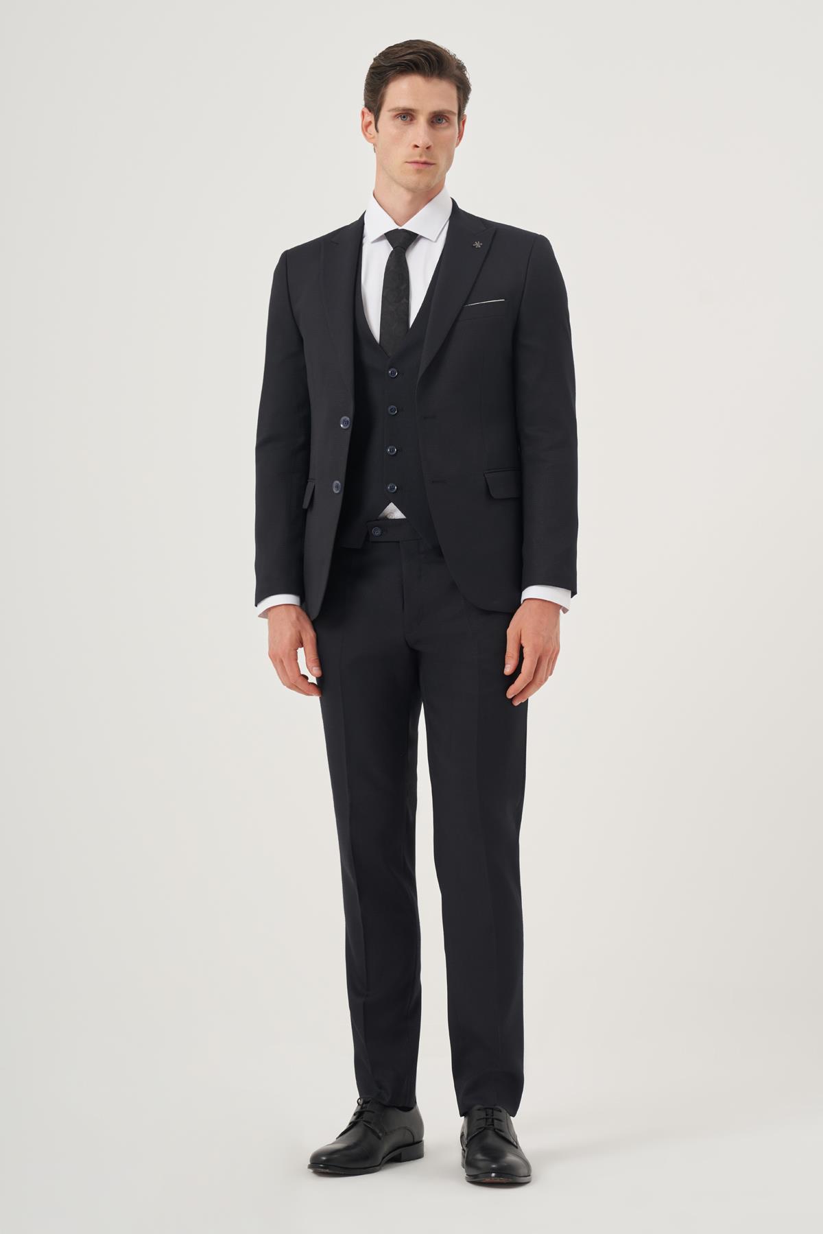 Morven Erkek Lacivert Poliviskon Basic Yelekli Jakarlı Slim Fit Sivri Yaka Takım Elbse