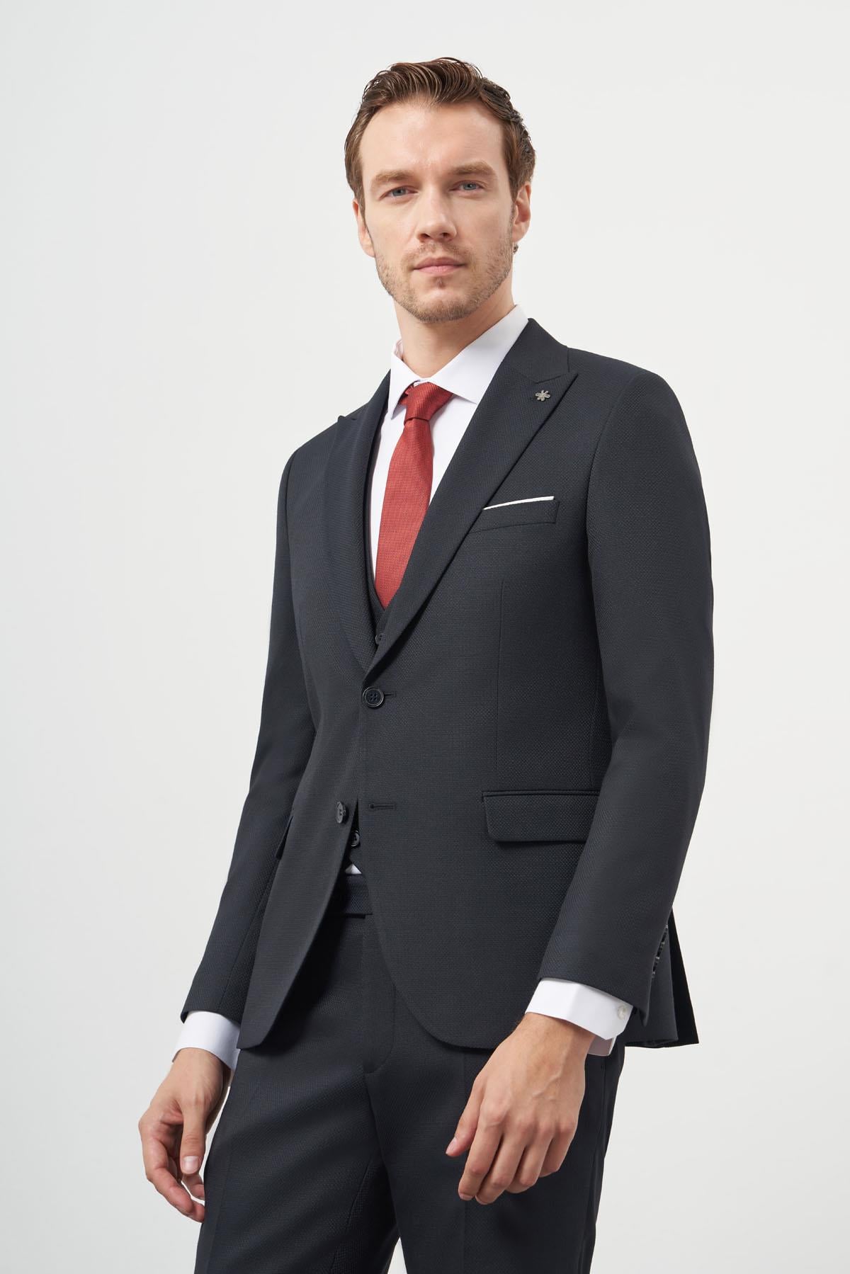 Morven Erkek Lacivert Poliviskon Basic Yelekli Jakar Desen Slim Fit Sivri Yaka Takım Elbise