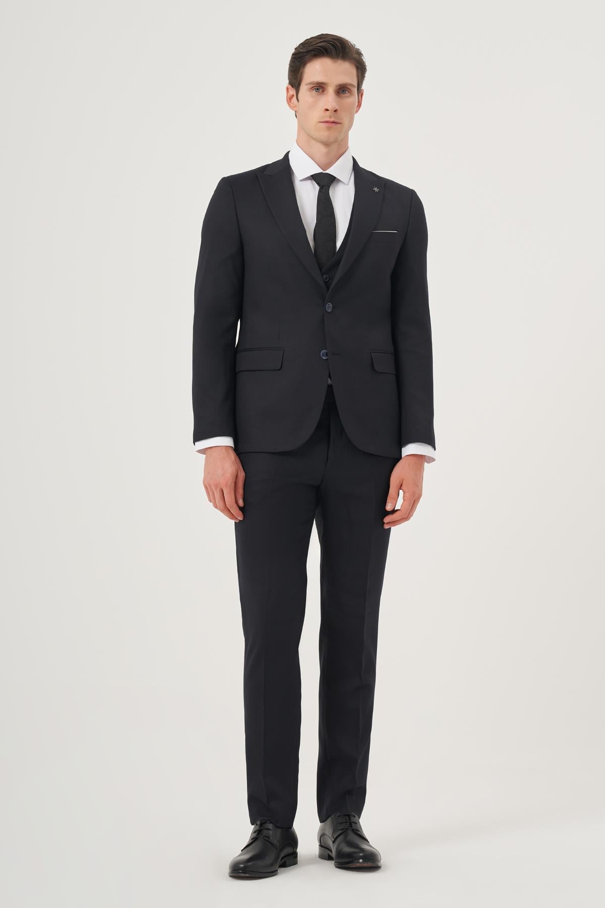 Morven Erkek Lacivert Poliviskon Basic Yelekli Jakarlı Slim Fit Sivri Yaka Takım Elbse
