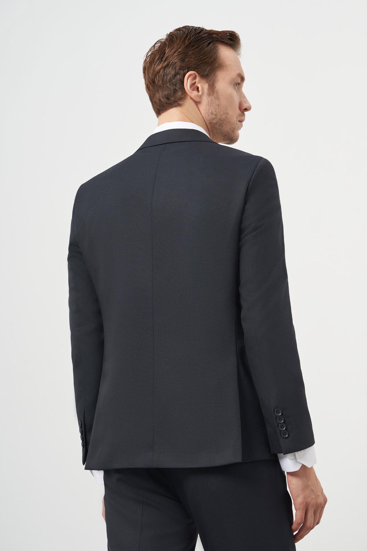 Morven Erkek Lacivert Poliviskon Basic Yelekli Jakar Desen Slim Fit Sivri Yaka Takım Elbise