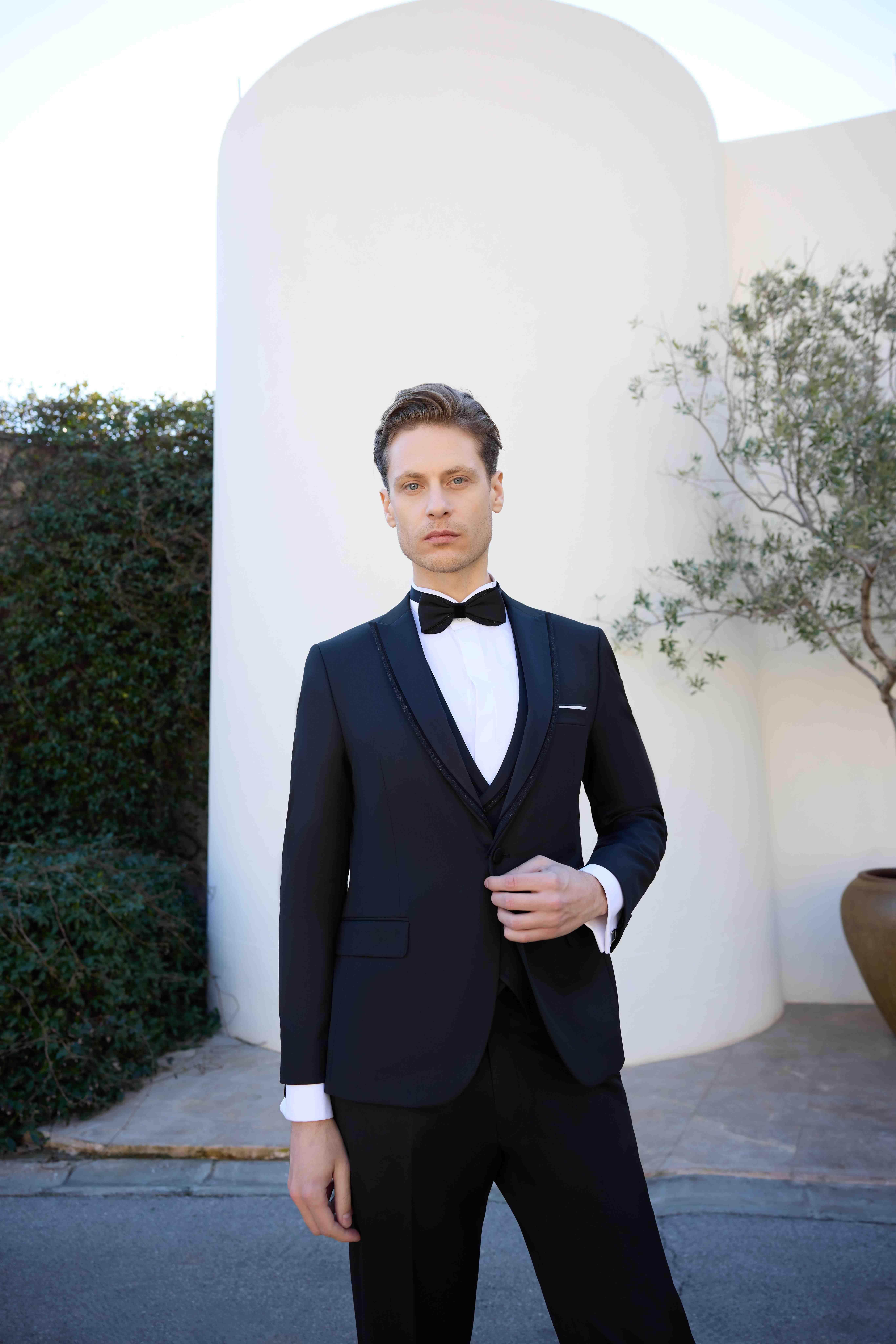 Morven Erkek Lacivert Poliviskon Ceromonia Jakar Desen Slim Fit Şal Çıkma Yaka Damatlık