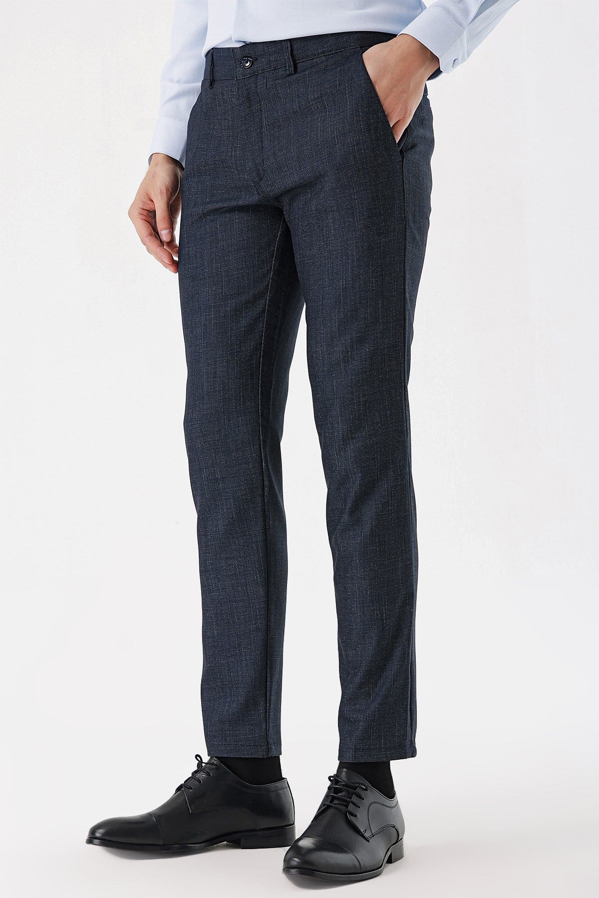 Morven Erkek Lacivert Poliviskon Desenli Slim Fit  Pantolon