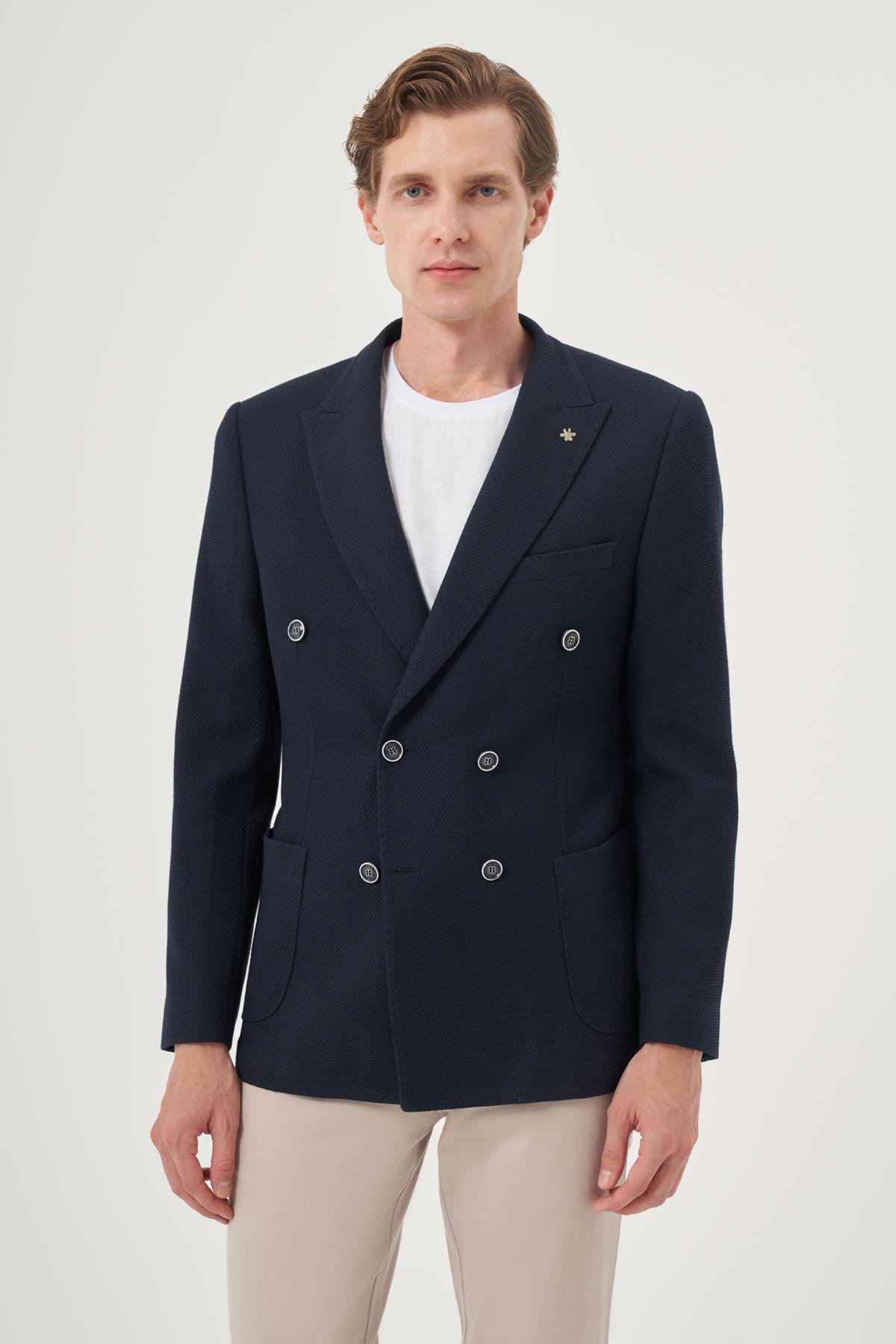 Morven Erkek Lacivert Poliviskon Kruvaze Desenli Slim Fit Sivri Yaka Ceket