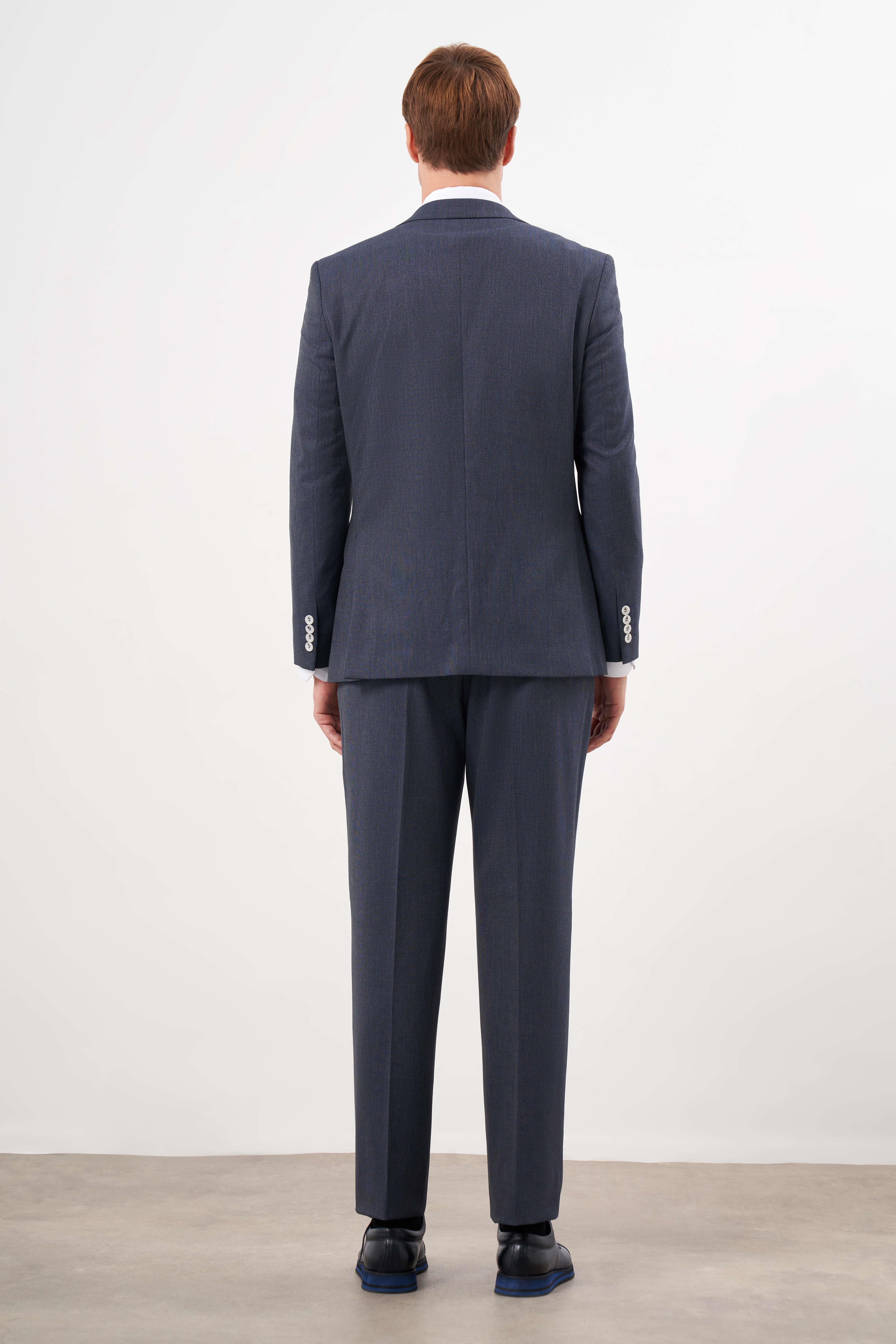 Morven Erkek Lacivert Poliviskon Trend Ekoseli Dynamic Fit Mono Yaka Takım Elbise