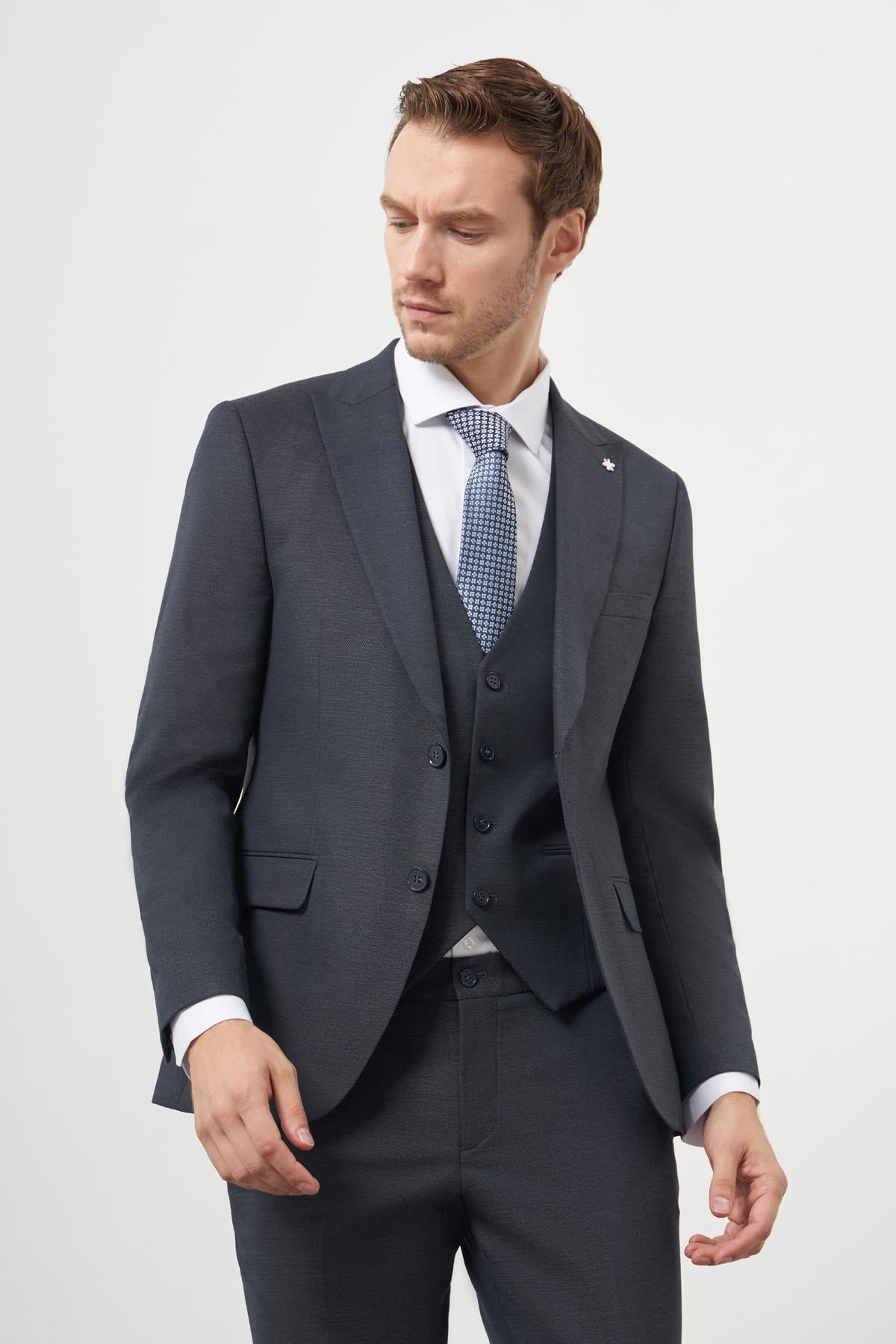 Morven Erkek Lacivert Poliviskon Trend Yelekli Desenli Slim Fit Sivri Yaka Takım Elbise