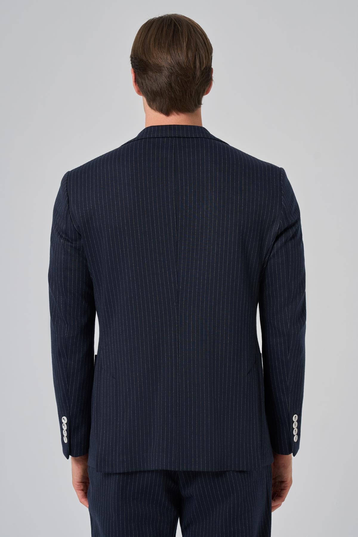 Morven Erkek Lacivert Poliviskon Trend Çizgili Slim Fit Mono Yaka Takım Elbise