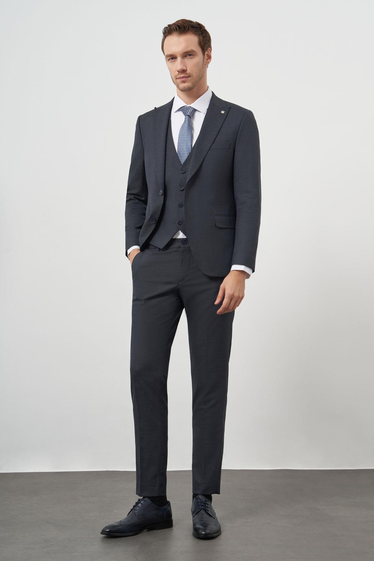 Morven Erkek Lacivert Poliviskon Trend Yelekli Desenli Slim Fit Sivri Yaka Takım Elbise