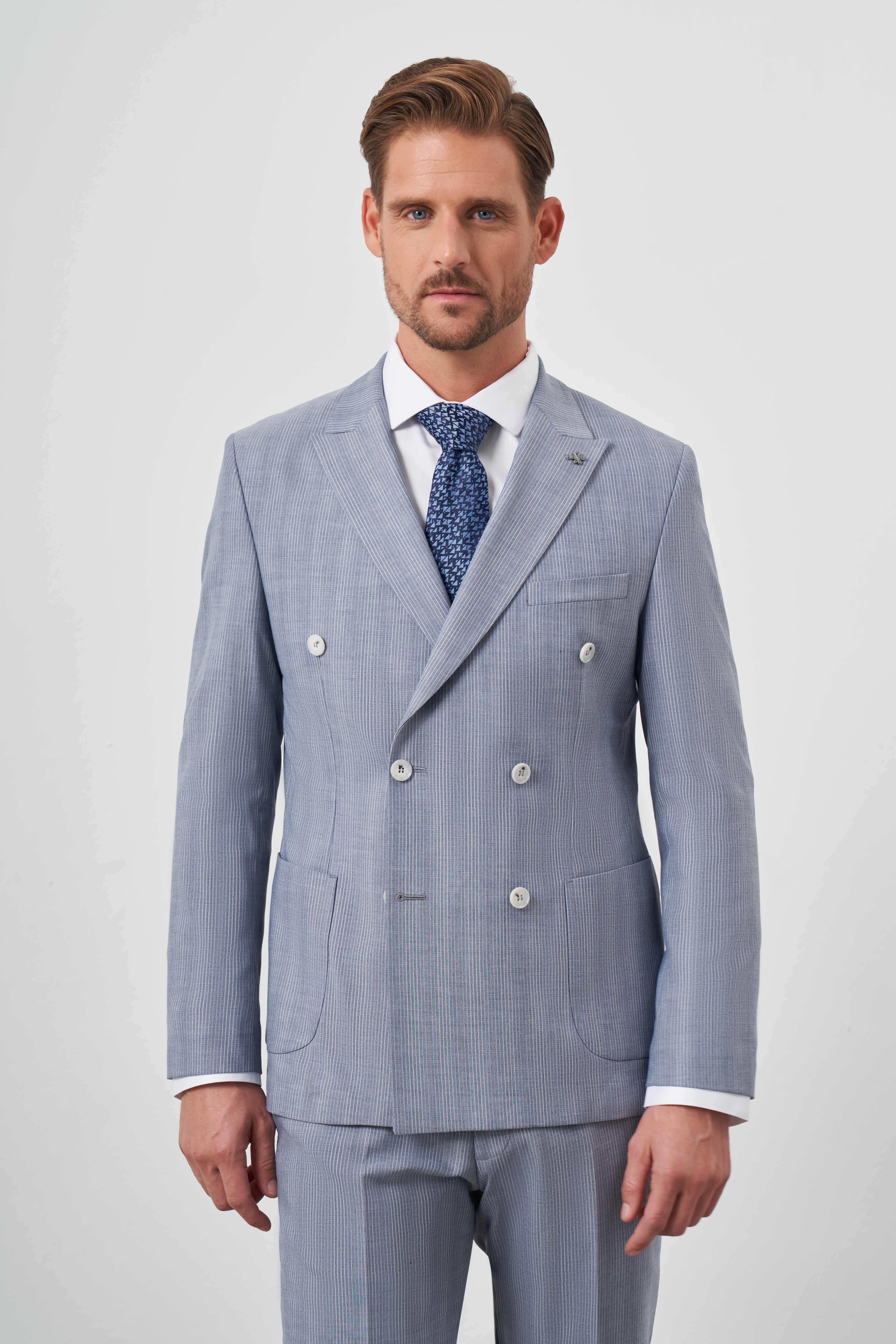 Morven Erkek Lacivert Poliviskon Trend Kruvaze Slim Fit Sivri Yaka Takım Elbise