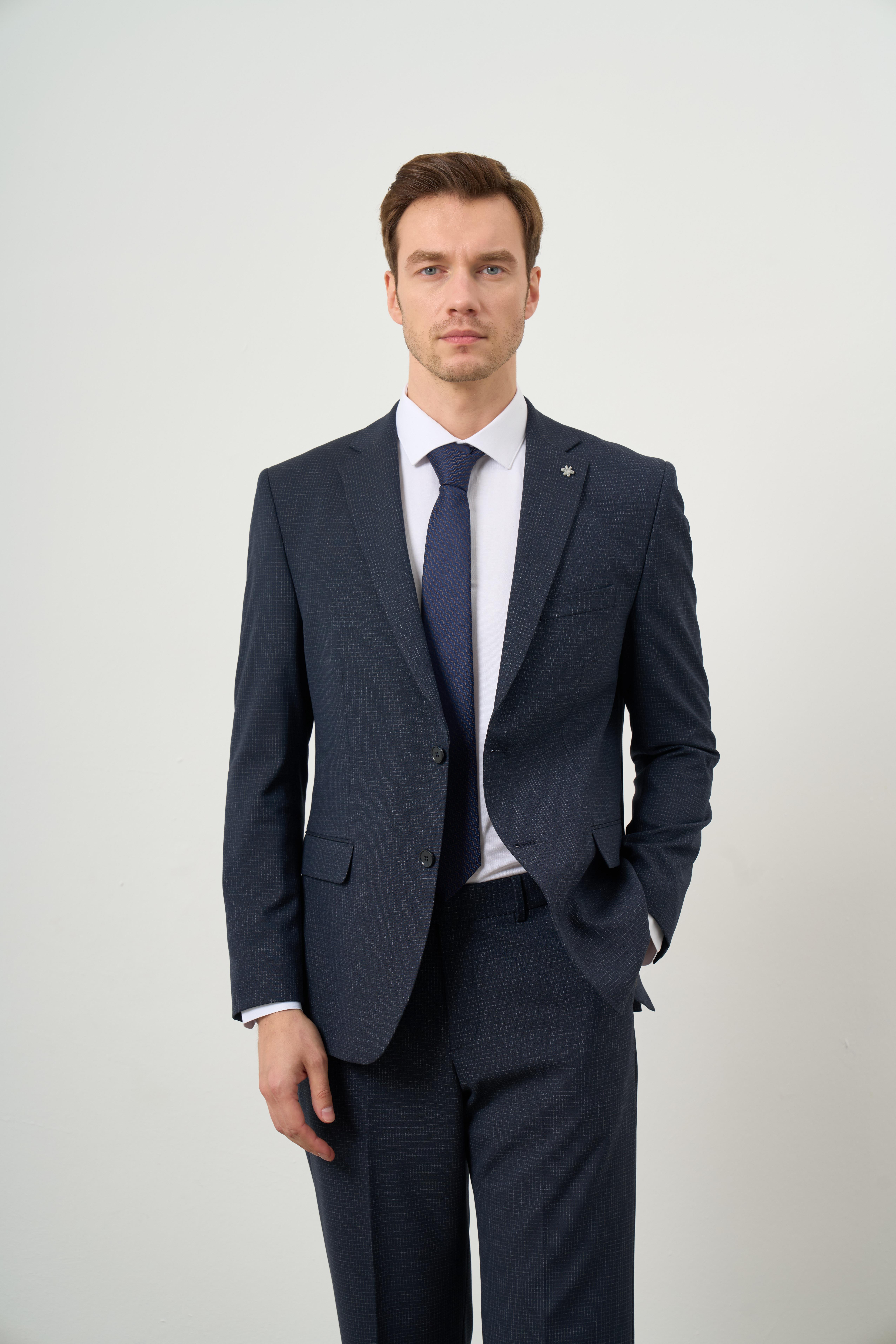 Morven Erkek Lacivert Poliviskon Trend Ekoseli Dynamic Fit Mono Yaka Takım Elbise