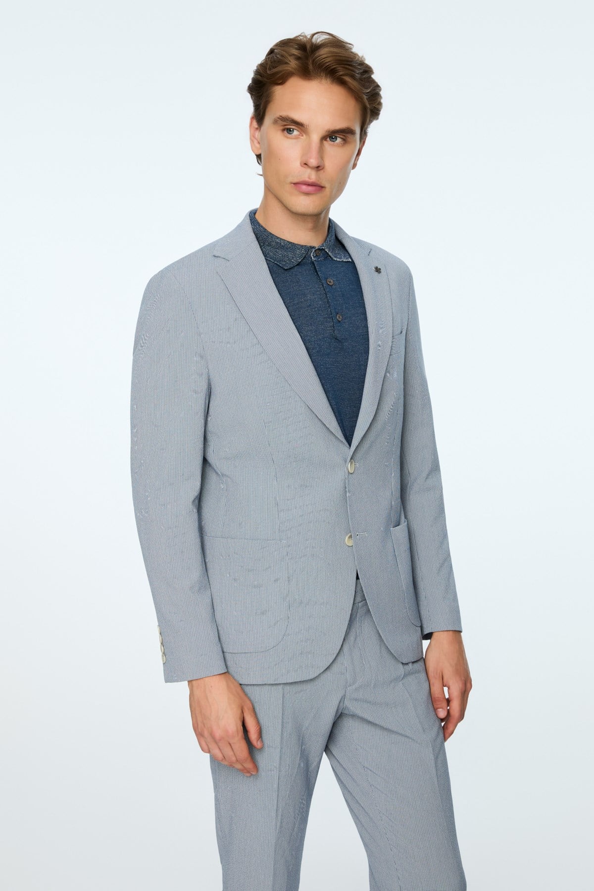 Morven Erkek Lacivert Poliviskon Trend Desenli Slim Fit Mono Yaka Ceket