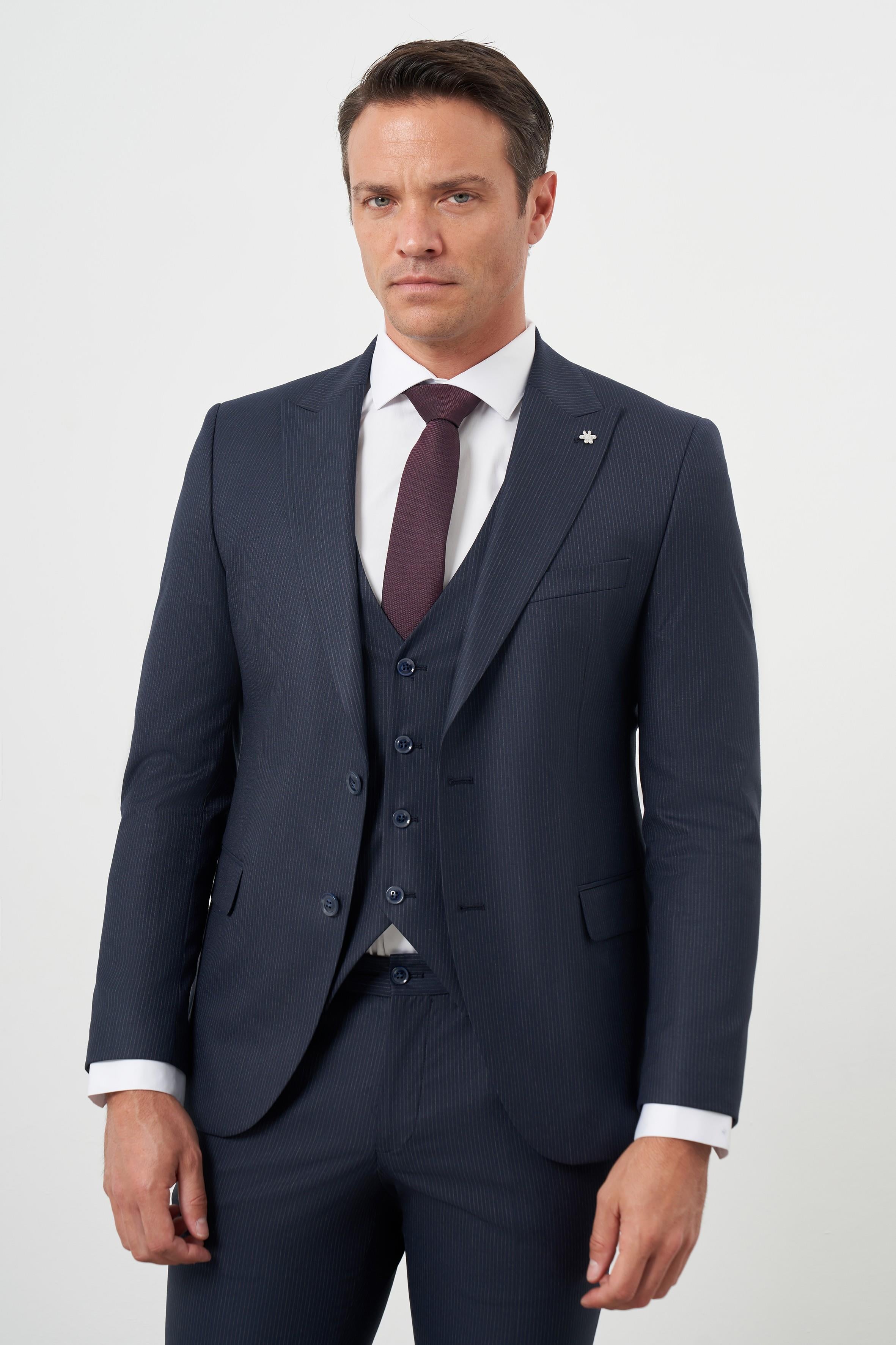 Morven Erkek Lacivert Poliviskon Trend Yelekli Çizgili Desen Slim Fit  Sivri Yaka Takım Elbise