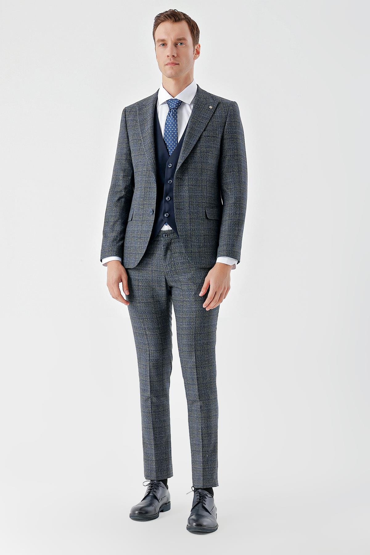 Morven Erkek Lacivert Poliviskon Trend Yelekli Kombinli Sivri Yaka Takım Elbise