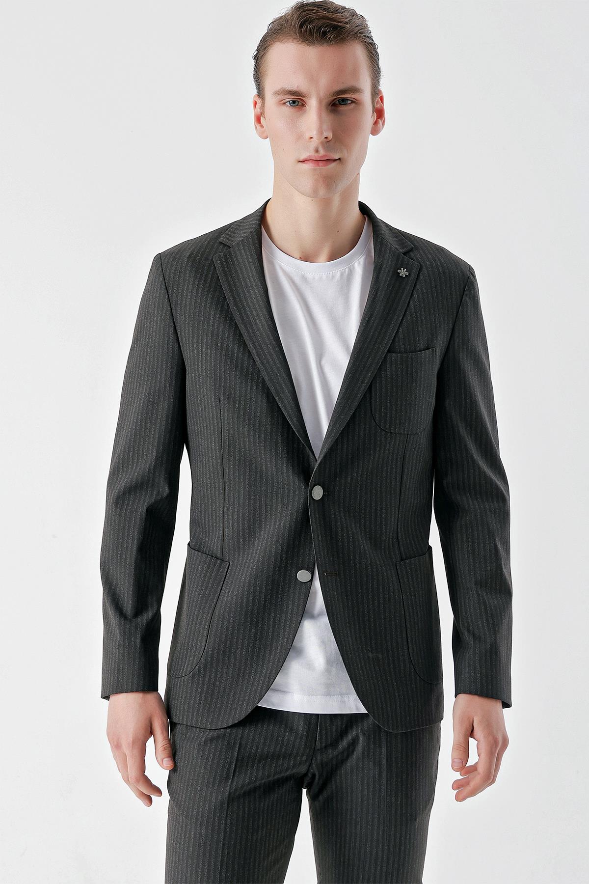 Morven Erkek Lacivert Poliviskon Trend Çizgili Desen Slim Fit Mono Yaka Takım Elbise