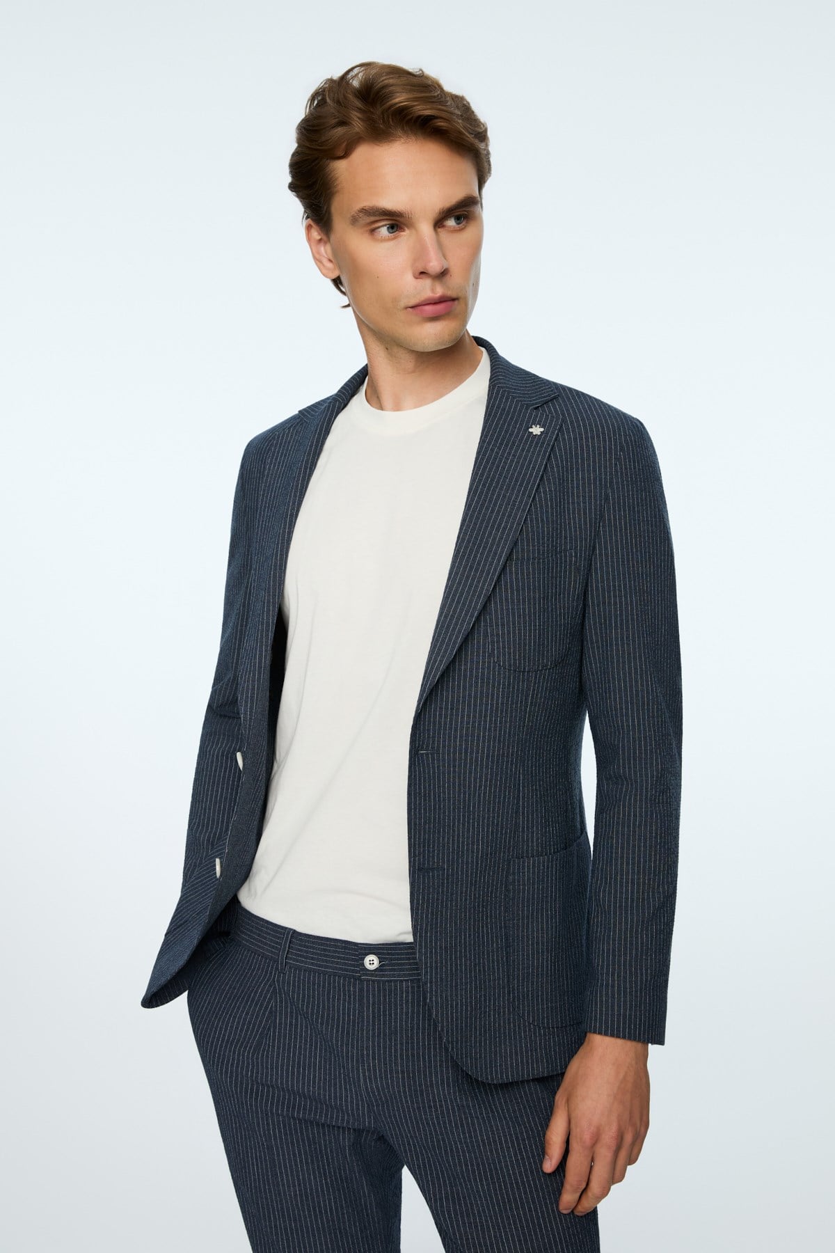 Morven Erkek Lacivert Poliviskon Trend Çizgili Slim Fit Mono Yaka Takım Elbise