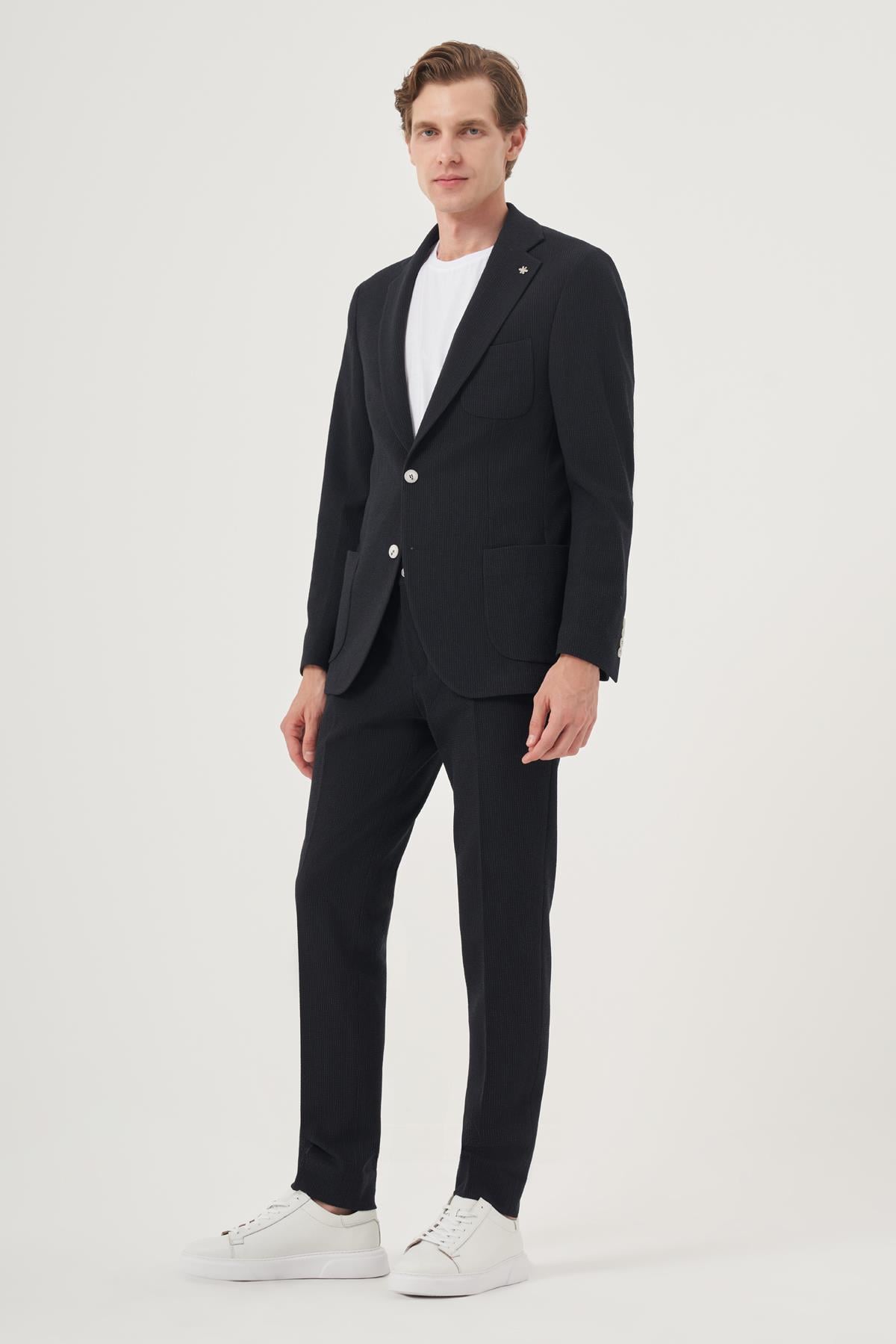 Morven Erkek Lacivert Poliviskon Trend Çizgili Slim Fit Mono Yaka Takım Elbise
