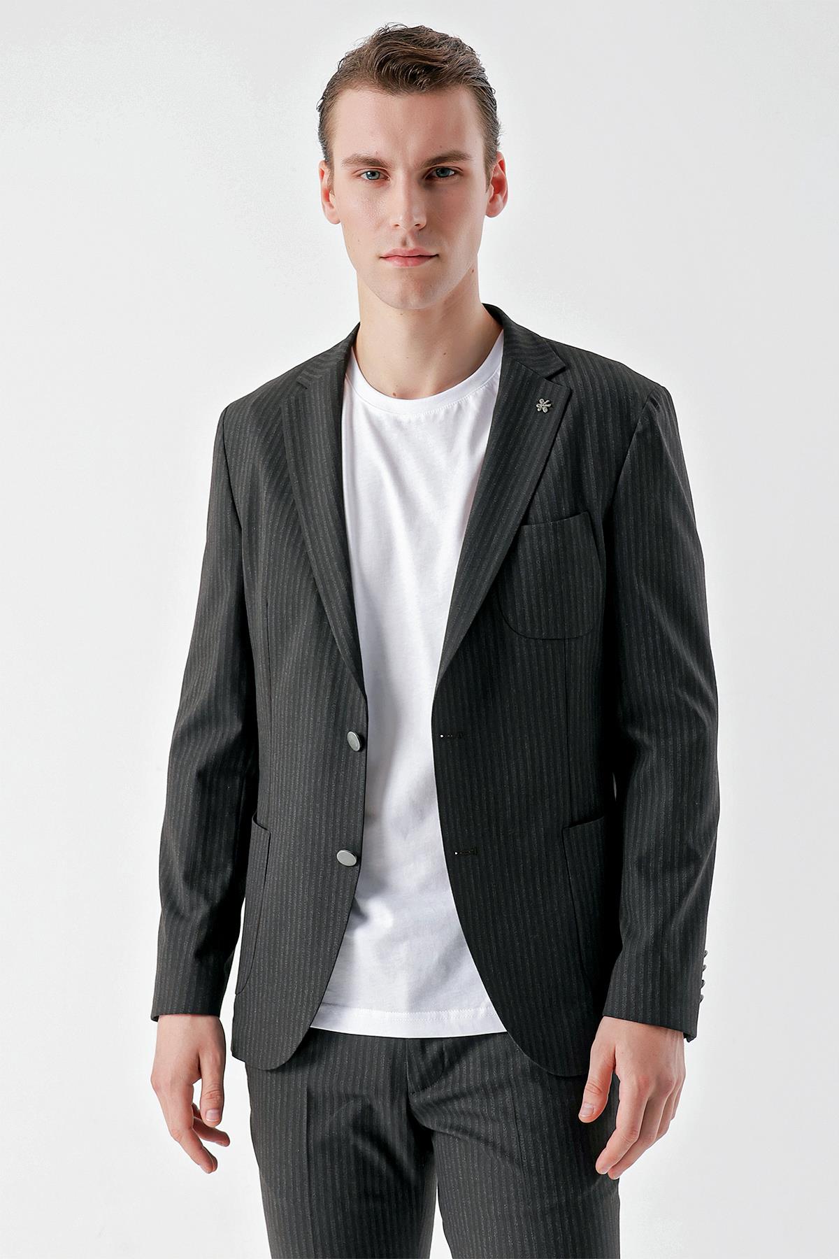 Morven Erkek Lacivert Poliviskon Trend Çizgili Desen Slim Fit Mono Yaka Takım Elbise