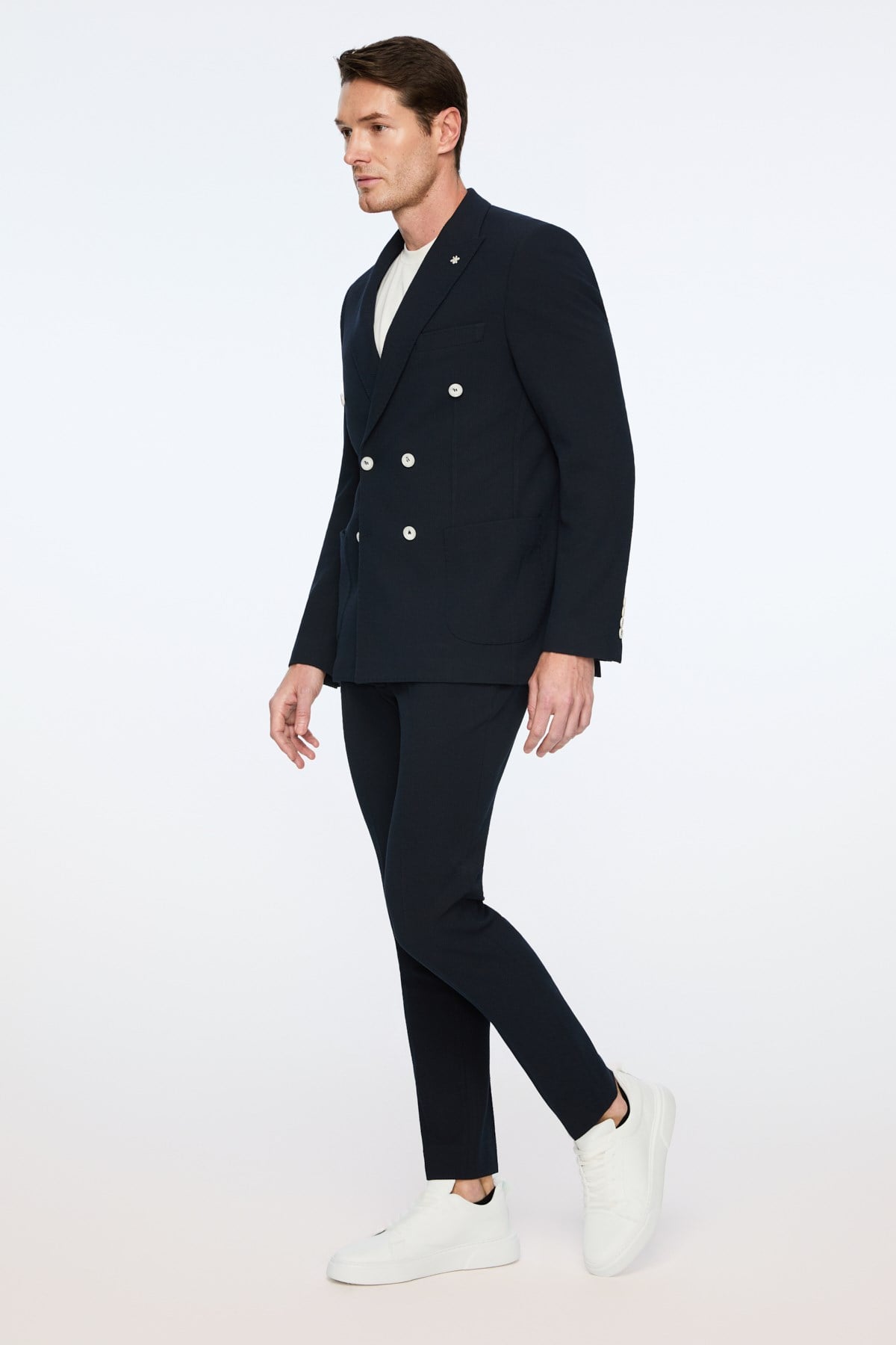 Morven Erkek Lacivert Poliviskon Trend Desenli Slim Fit Sivri Yaka Kruvaze Takım Elbise